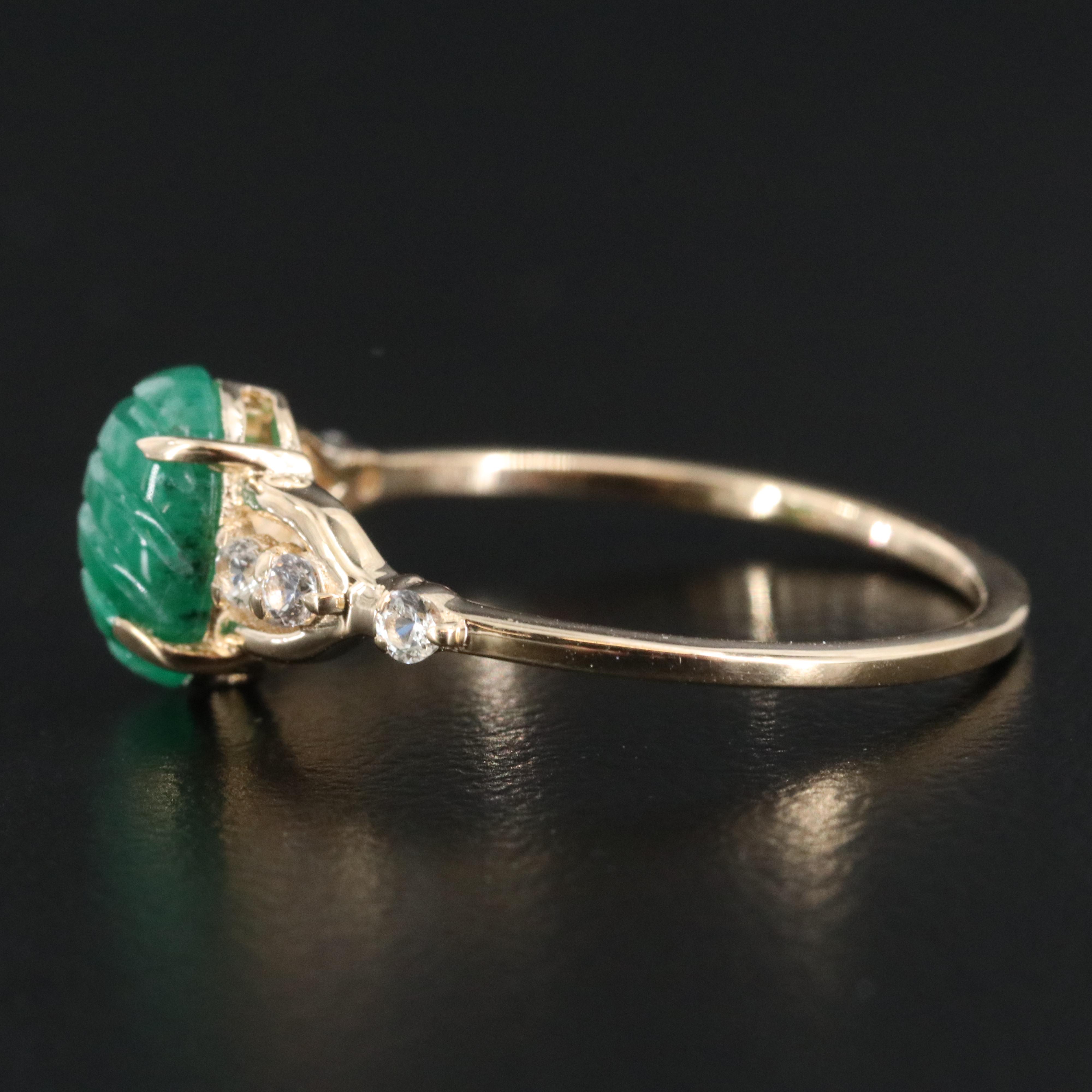 14K Carved Emerald and White Sapphire Ring