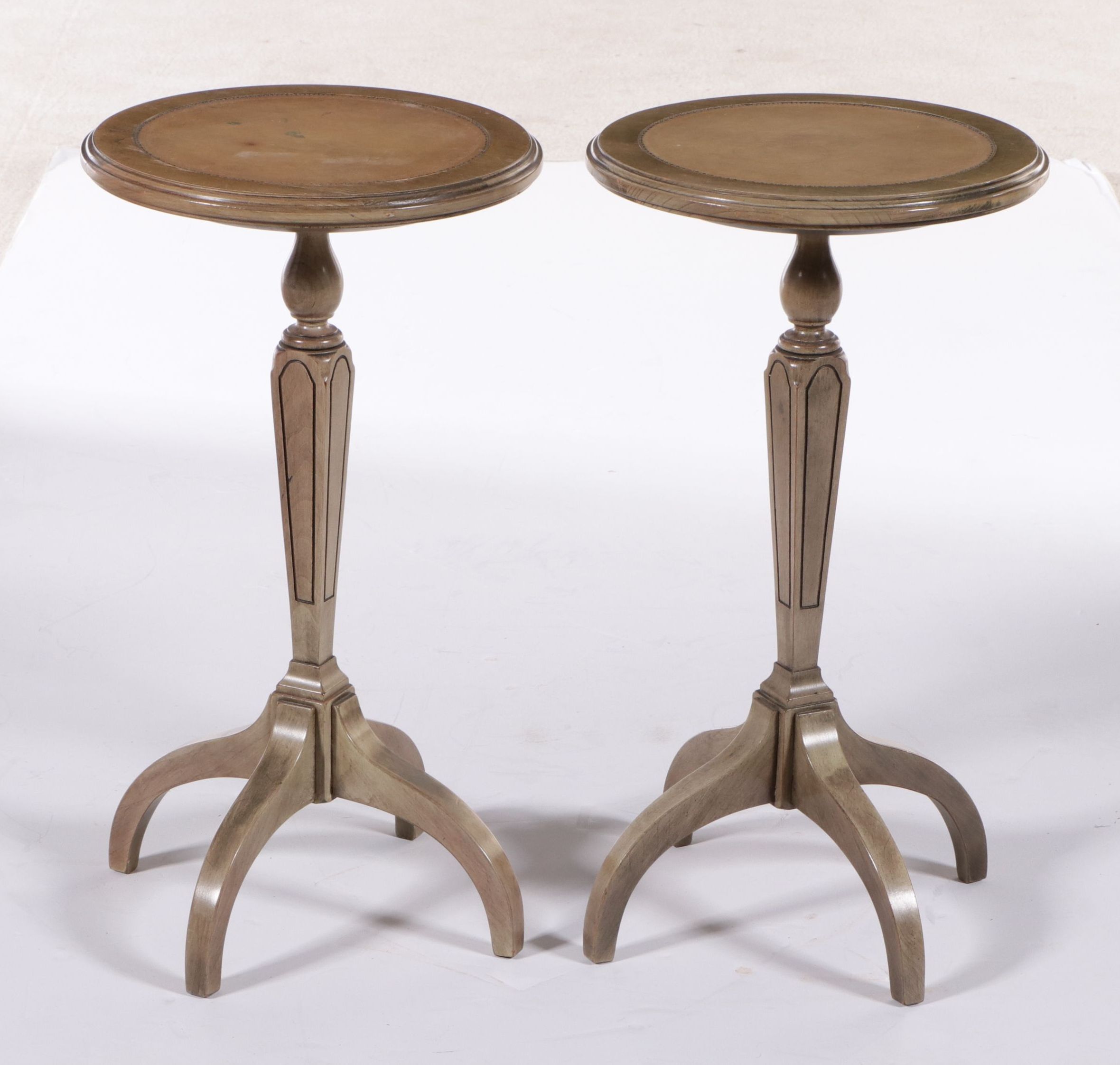 Pair of Weathered Pecan Side Tables with Inset Leather Tops