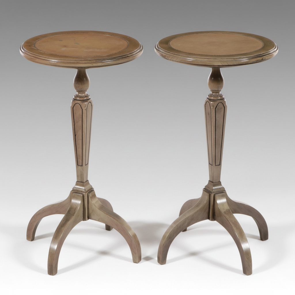 Pair of Weathered Pecan Side Tables with Inset Leather Tops