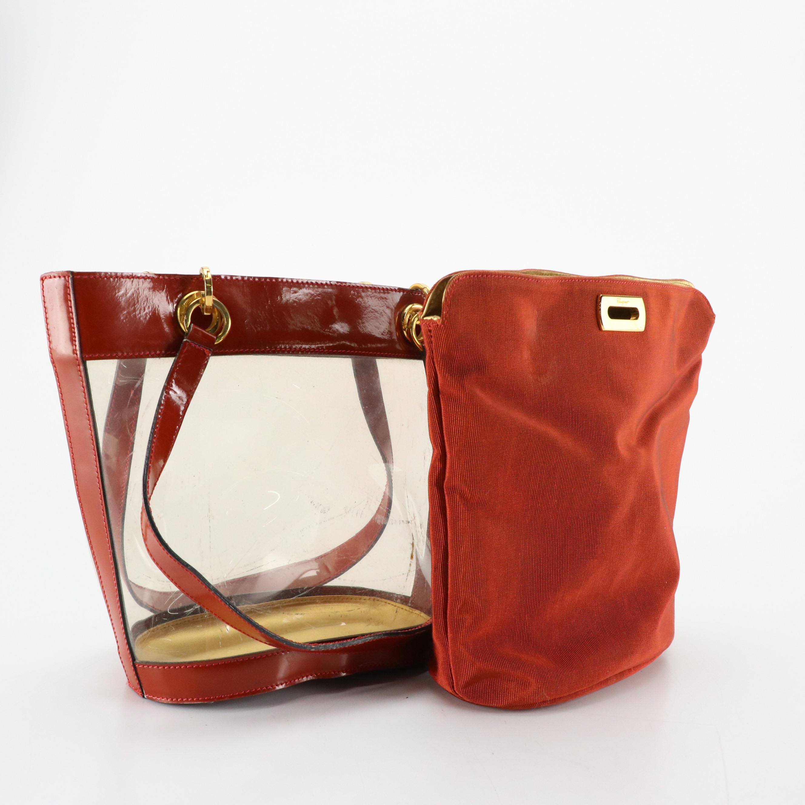 Salvatore Ferragamo 2-in-1 Vinyl Tote and Gancini Clutch Insert