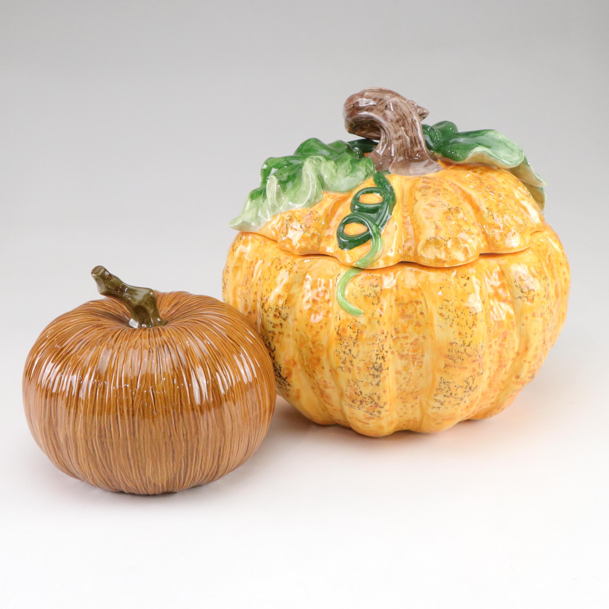 Hand-Painted Earthenware Soup Tureen and Table Decor Pumpkins