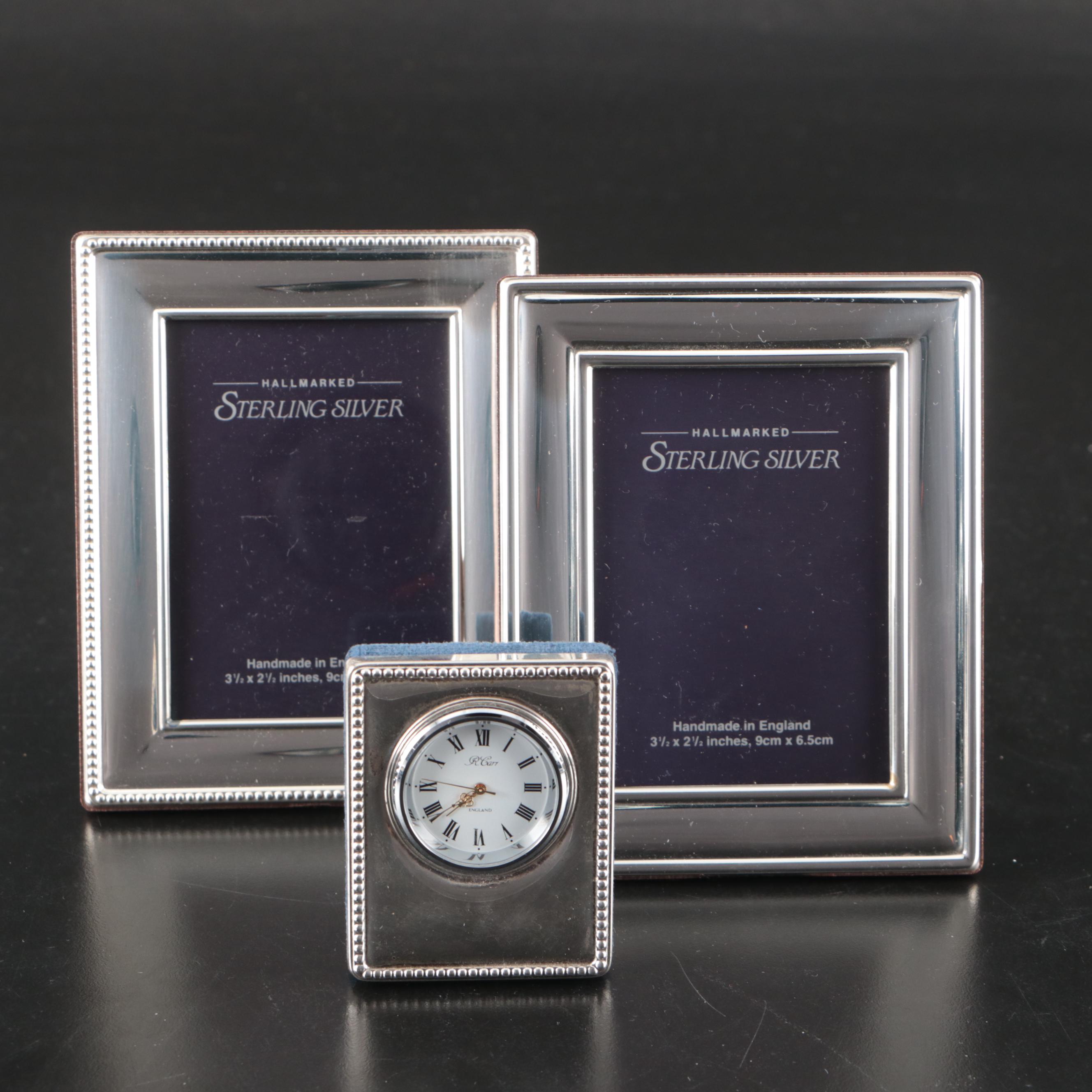 Carrs Sterling Silver Desk Clock and Picture Frames
