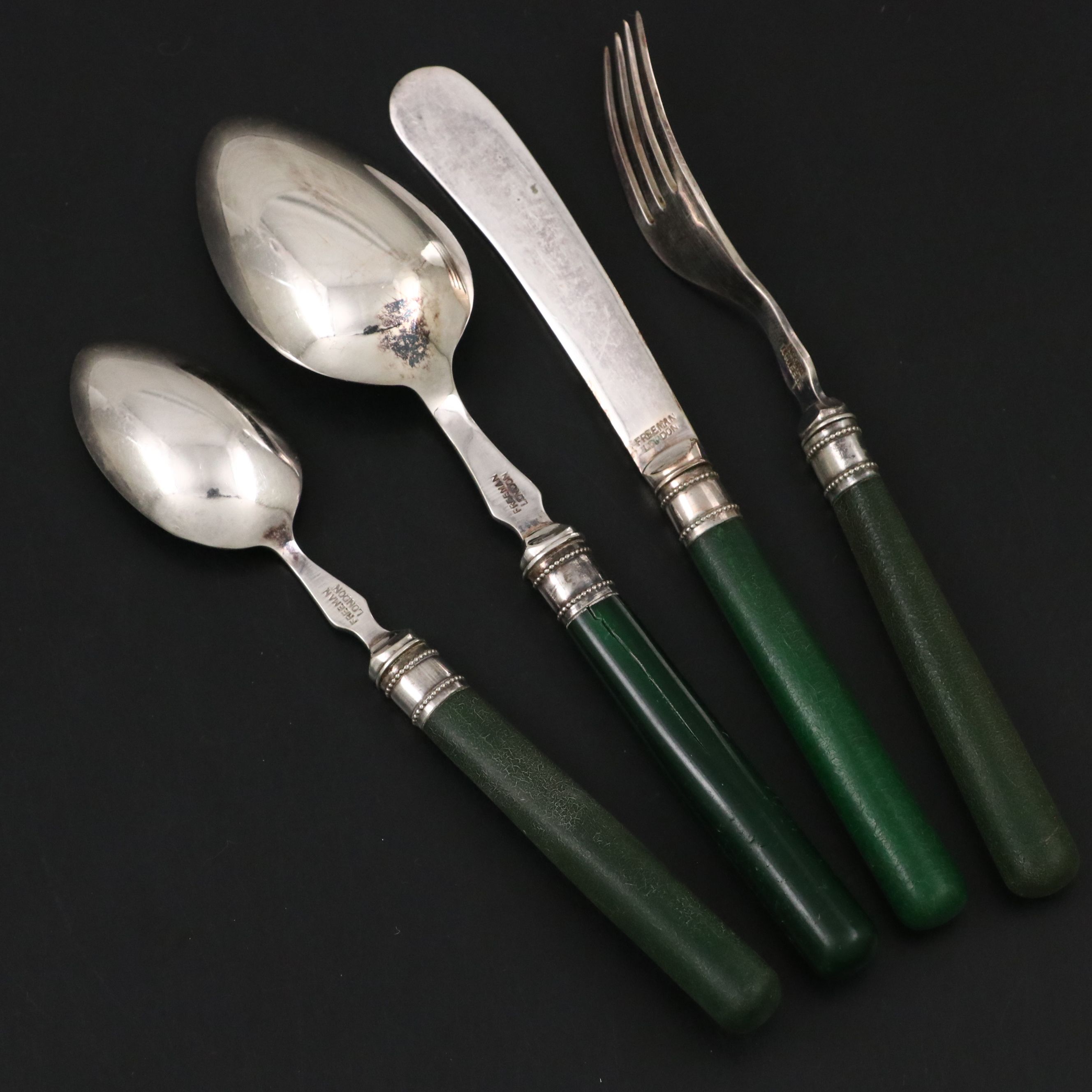 Freeman English Victorian Style Green Resin Handled Flatware In Presentation Box