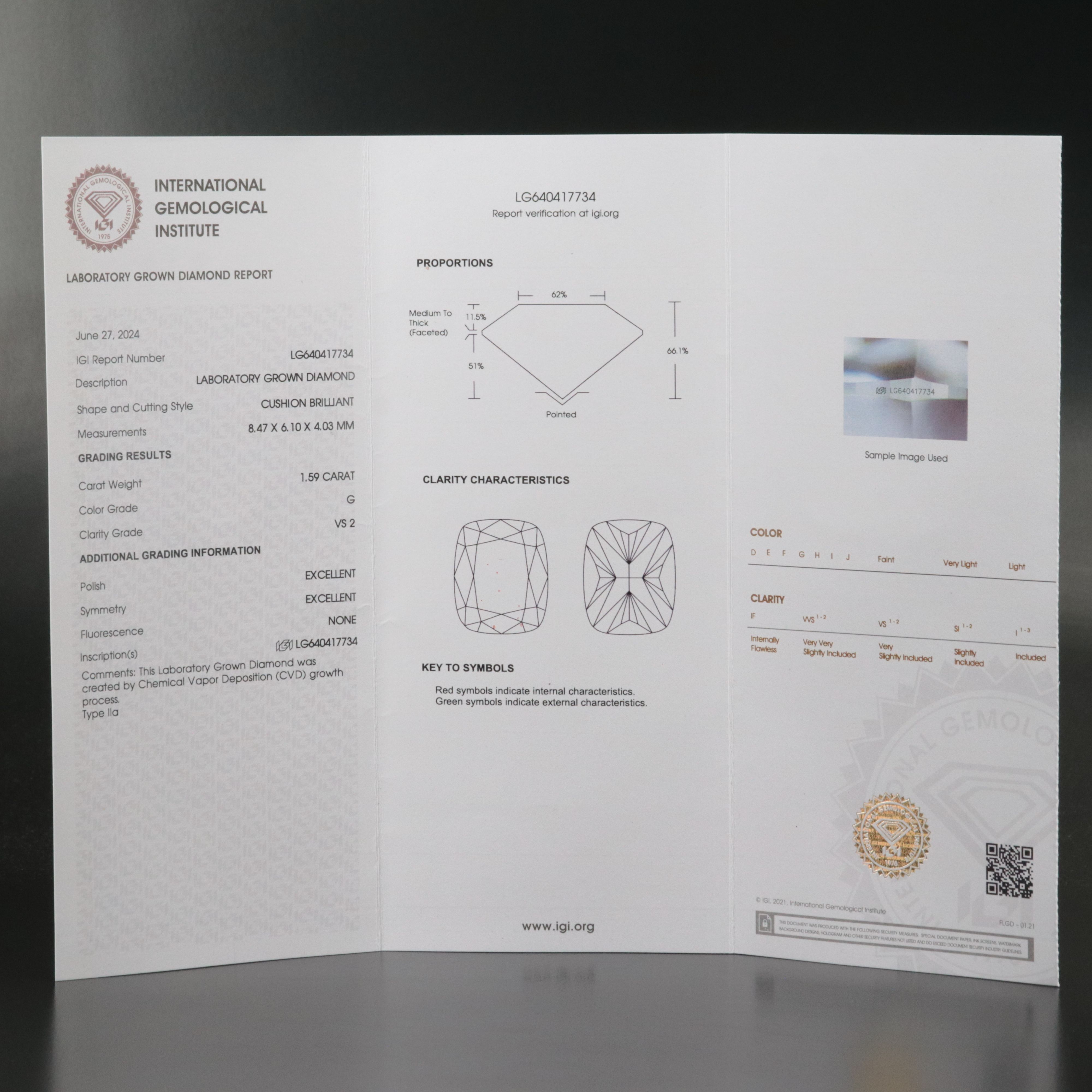 Loose 1.59 CT Lab Grown Diamond with IGI Report