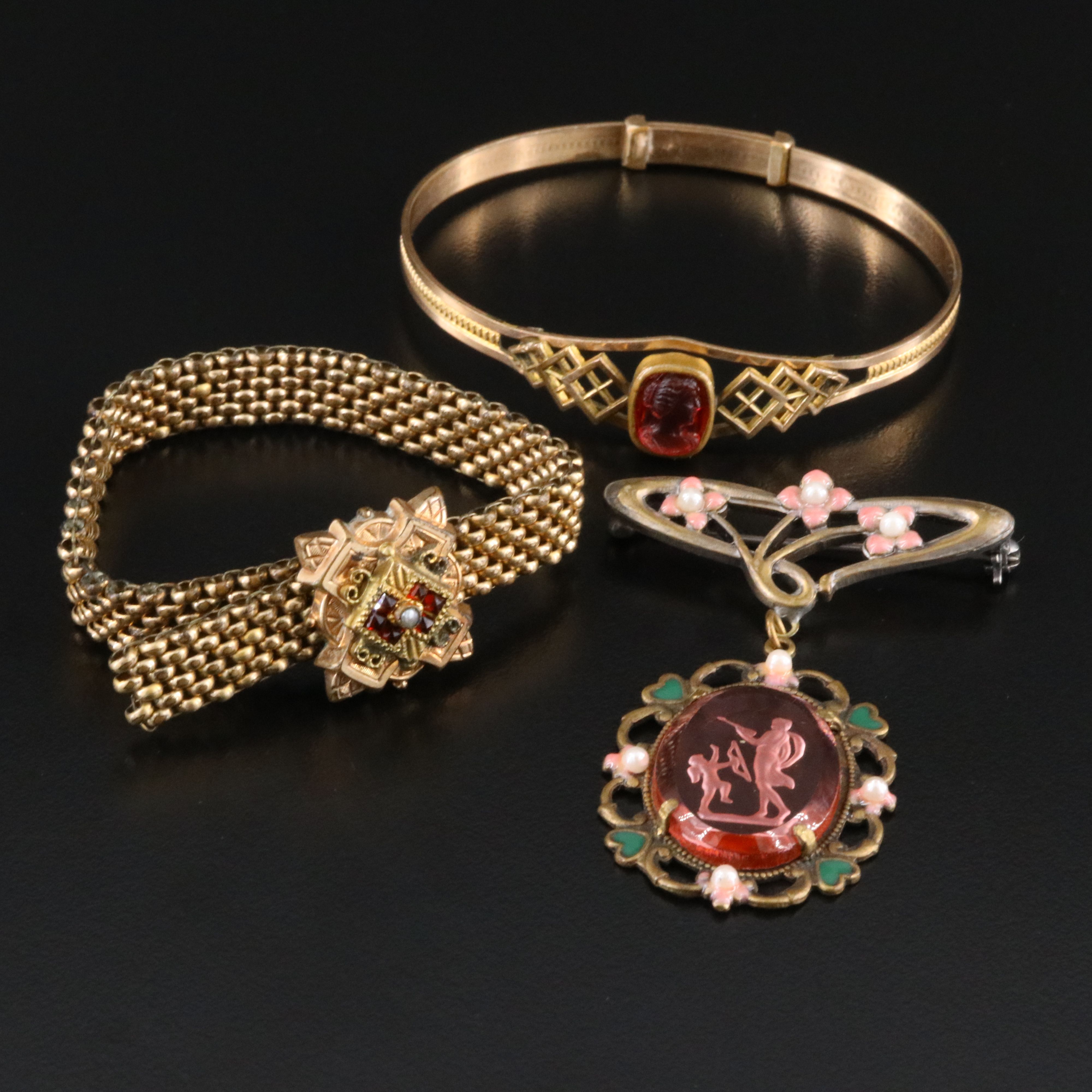 Vintage Bracelets and Reverse Intaglio Brooch Including Faux Pearl and Enamel