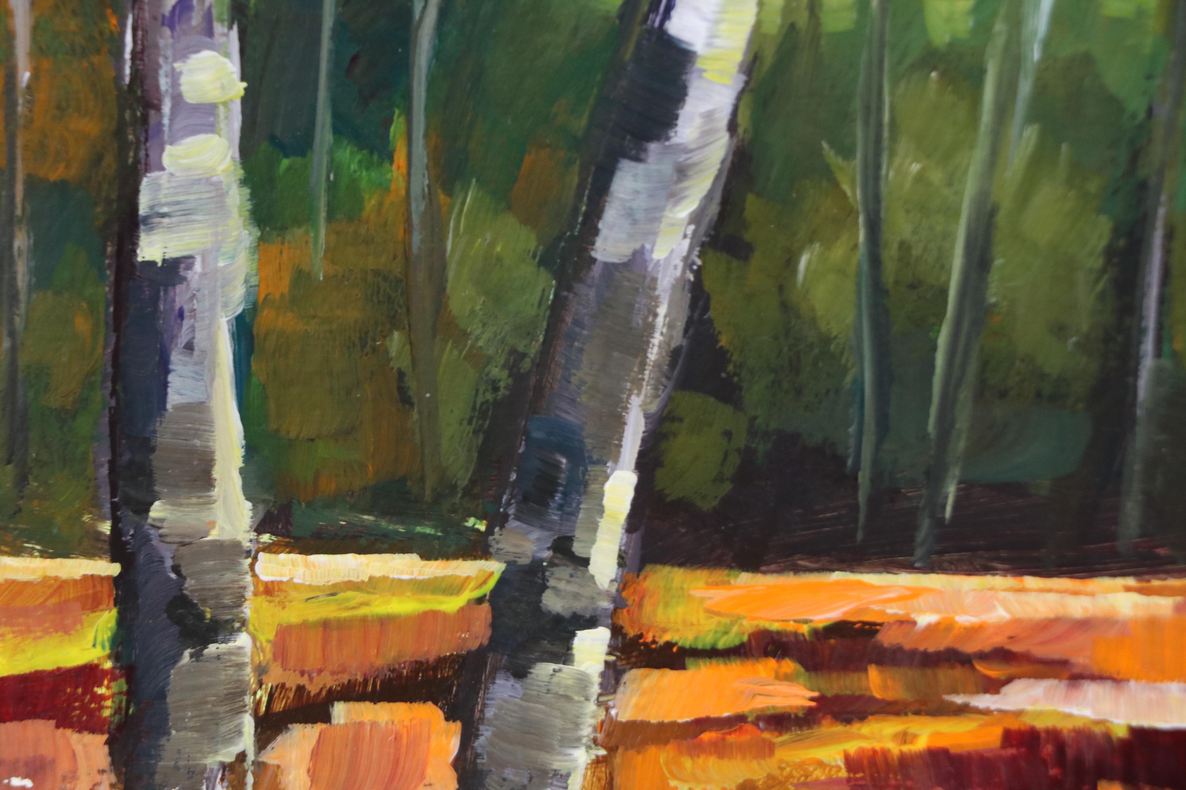 Susan Godby Acrylic Painting of Three Birch Trees, 21st Century