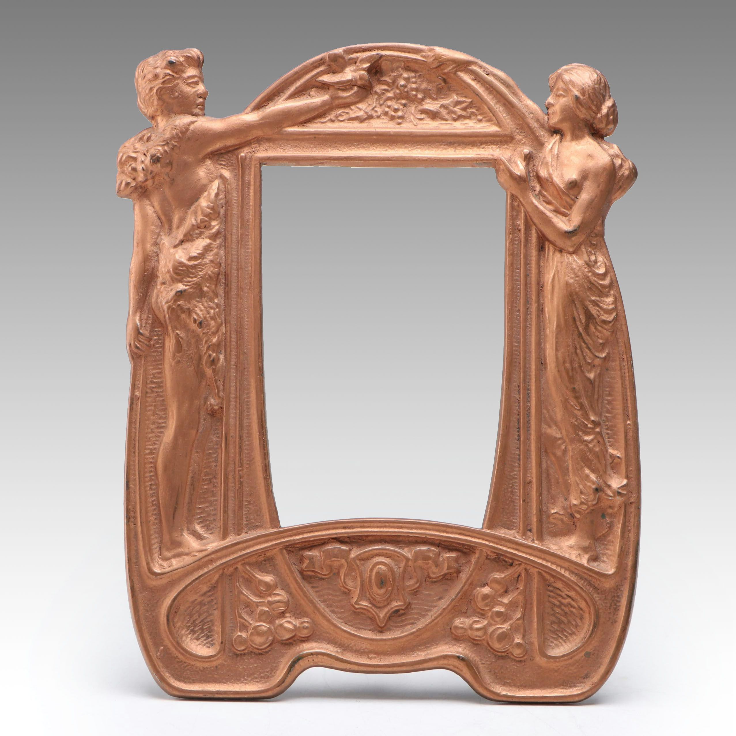 Art Nouveau Copper Finish Cast Iron Figural Standing Frame, Early 20th Century