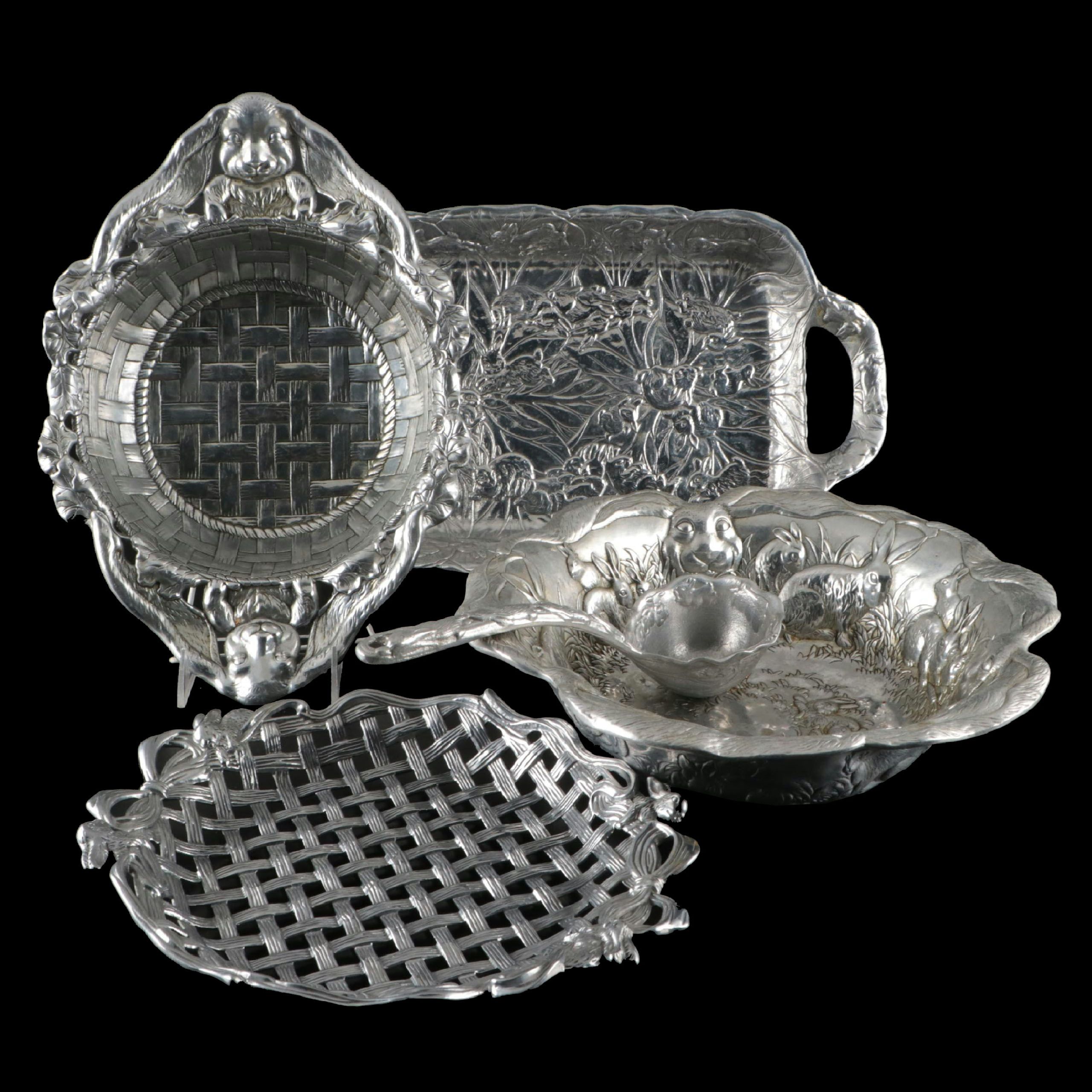 Arthur Court and Other Embossed Aluminum Bunny and Basket Weave Serveware