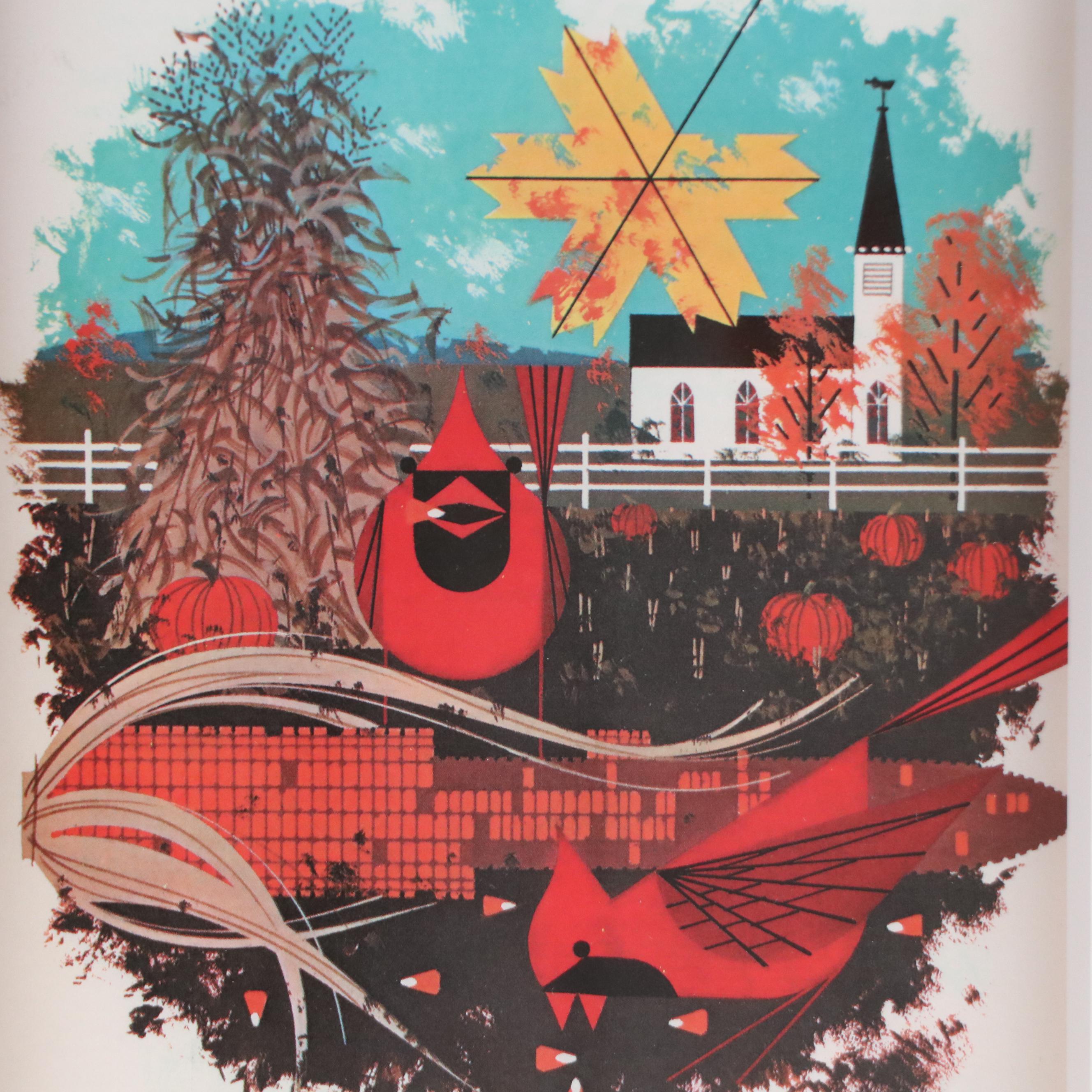 Charley Harper Offset Lithograph "Cardinal Cornucopia," Late 20th Century