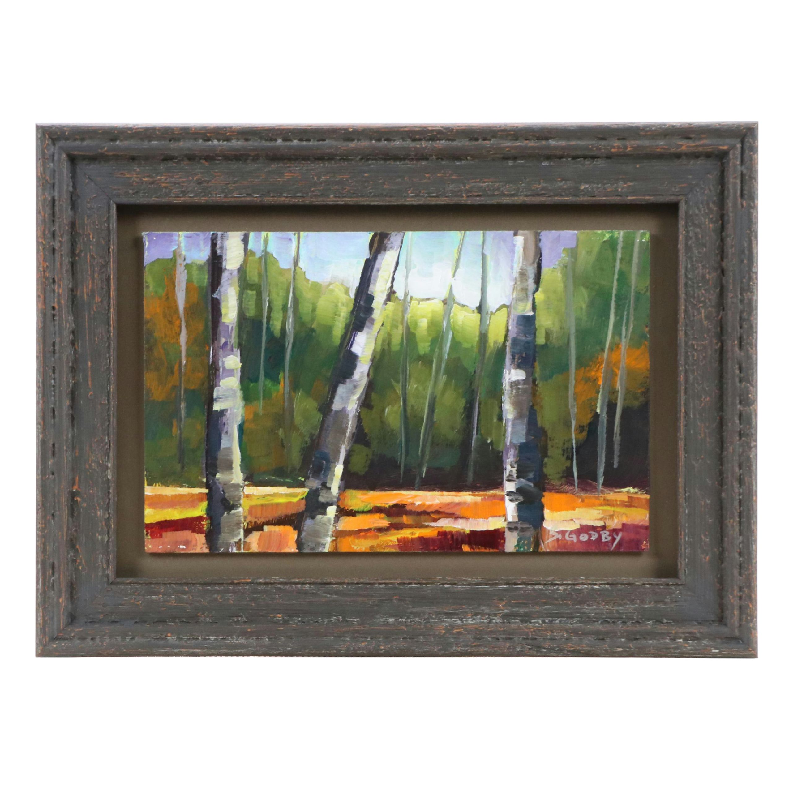 Susan Godby Acrylic Painting of Three Birch Trees, 21st Century