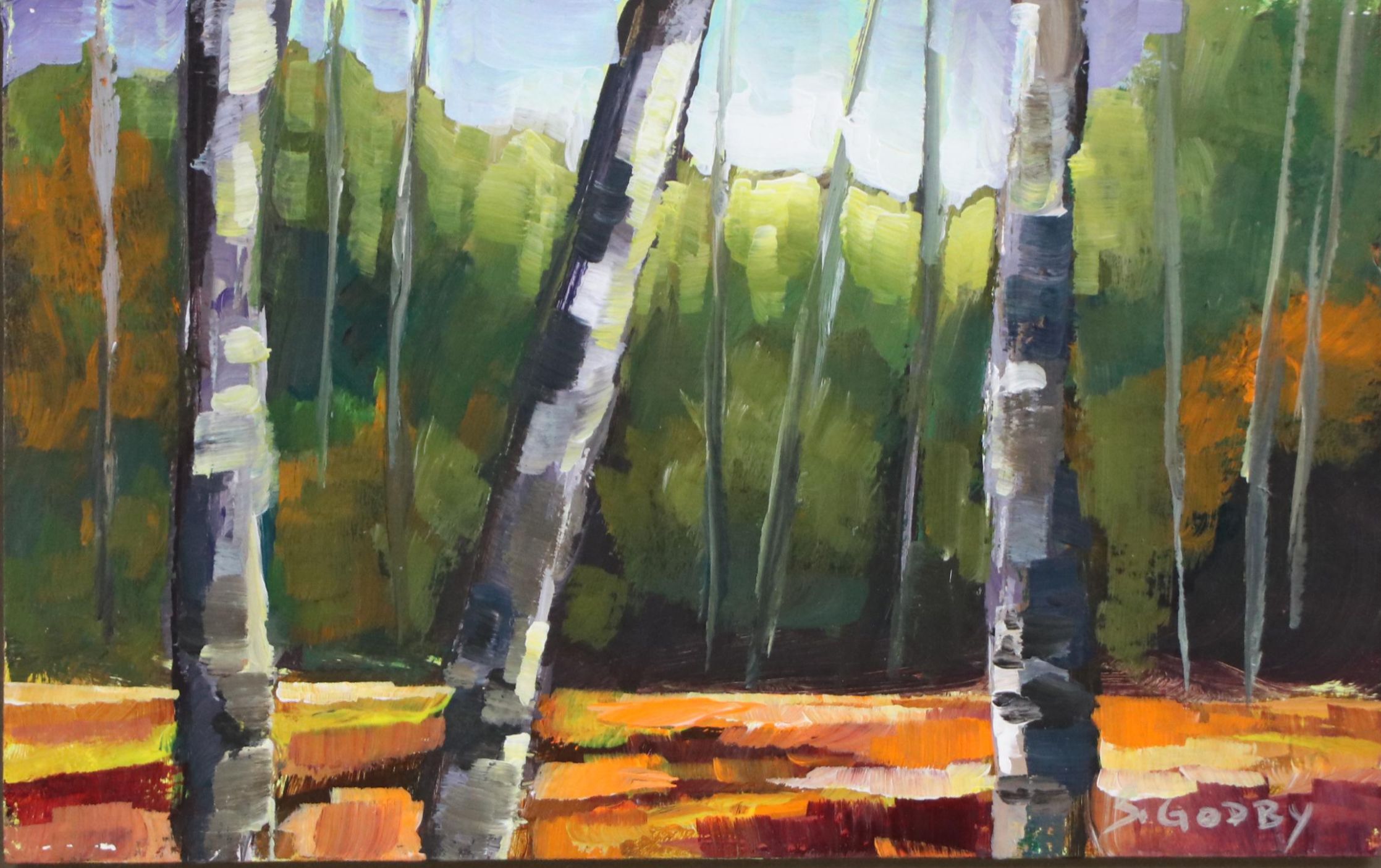 Susan Godby Acrylic Painting of Three Birch Trees, 21st Century