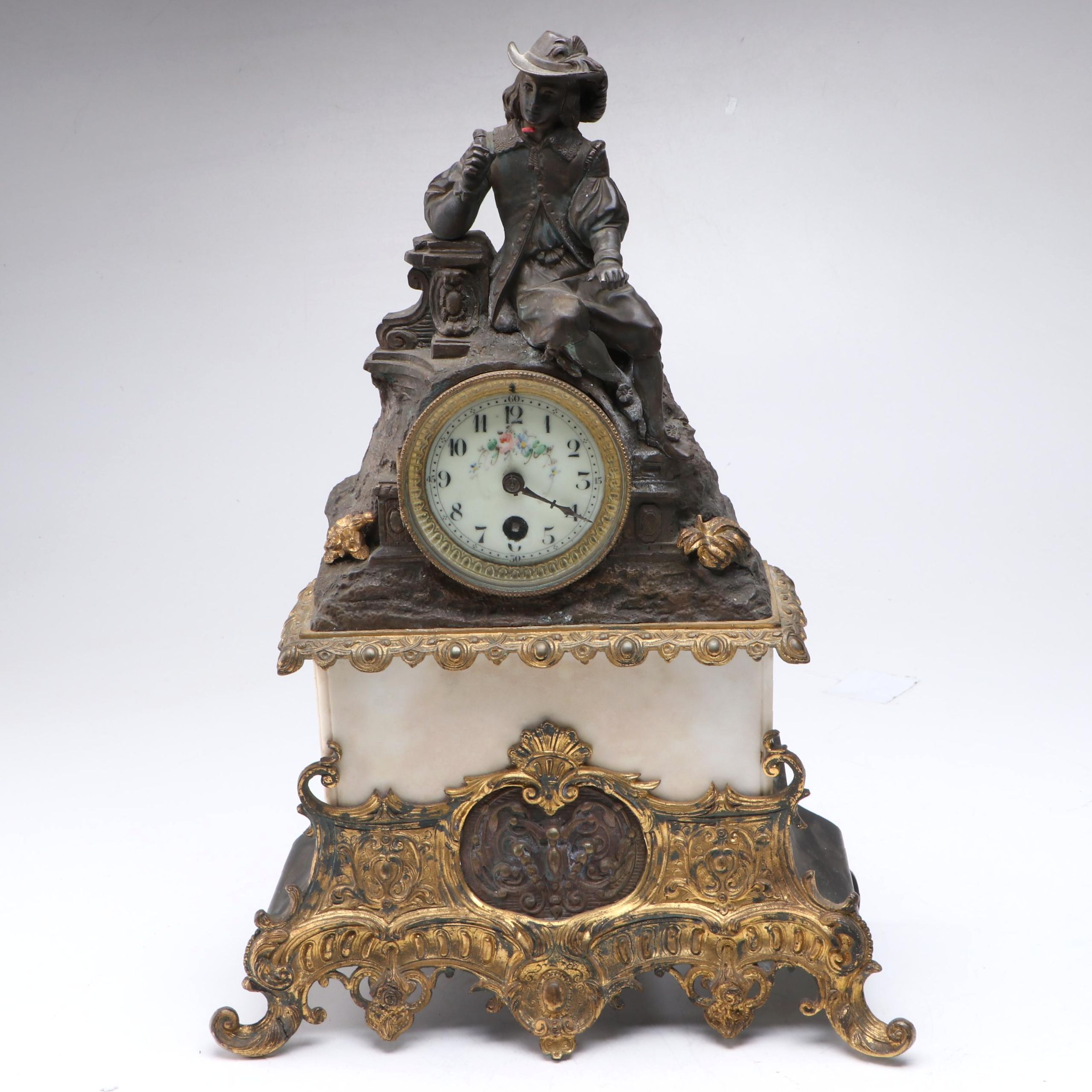 French Style Alabaster and Gilt Spelter Mantel Clock, Late 19th/ Early 20th C.