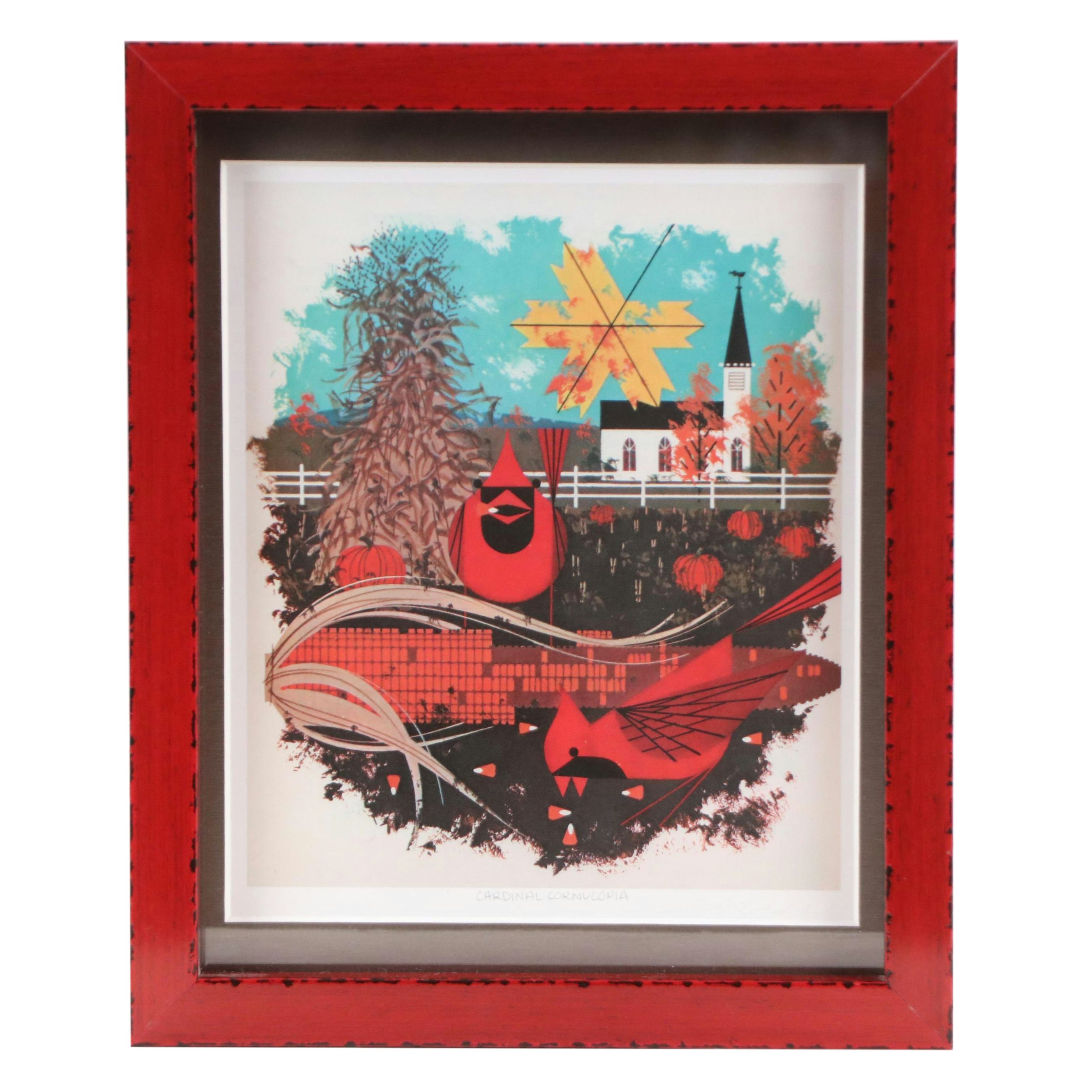 Charley Harper Offset Lithograph "Cardinal Cornucopia," Late 20th Century