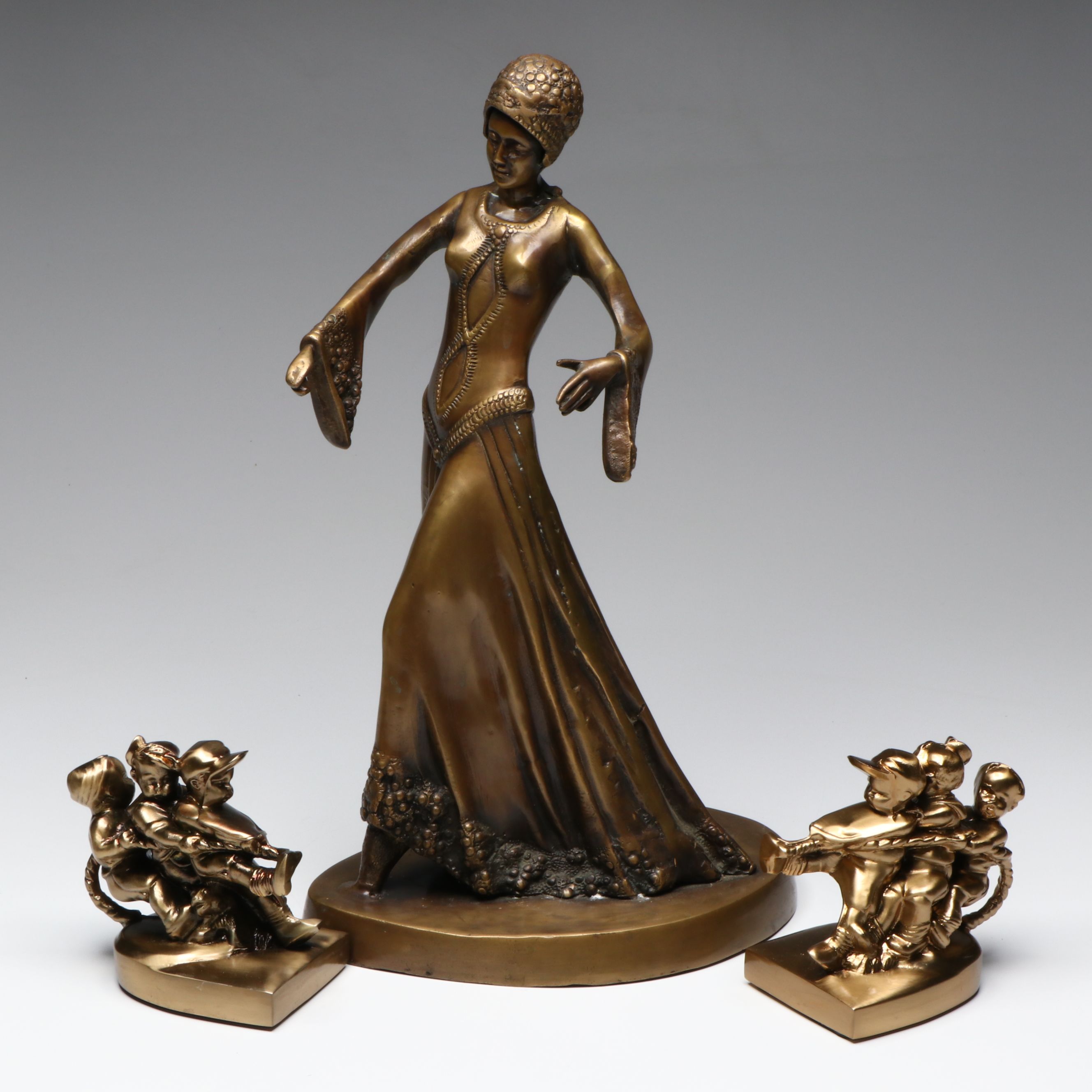 Bronze Medieval Woman Sculpture with Tug of War Pair of Bookends