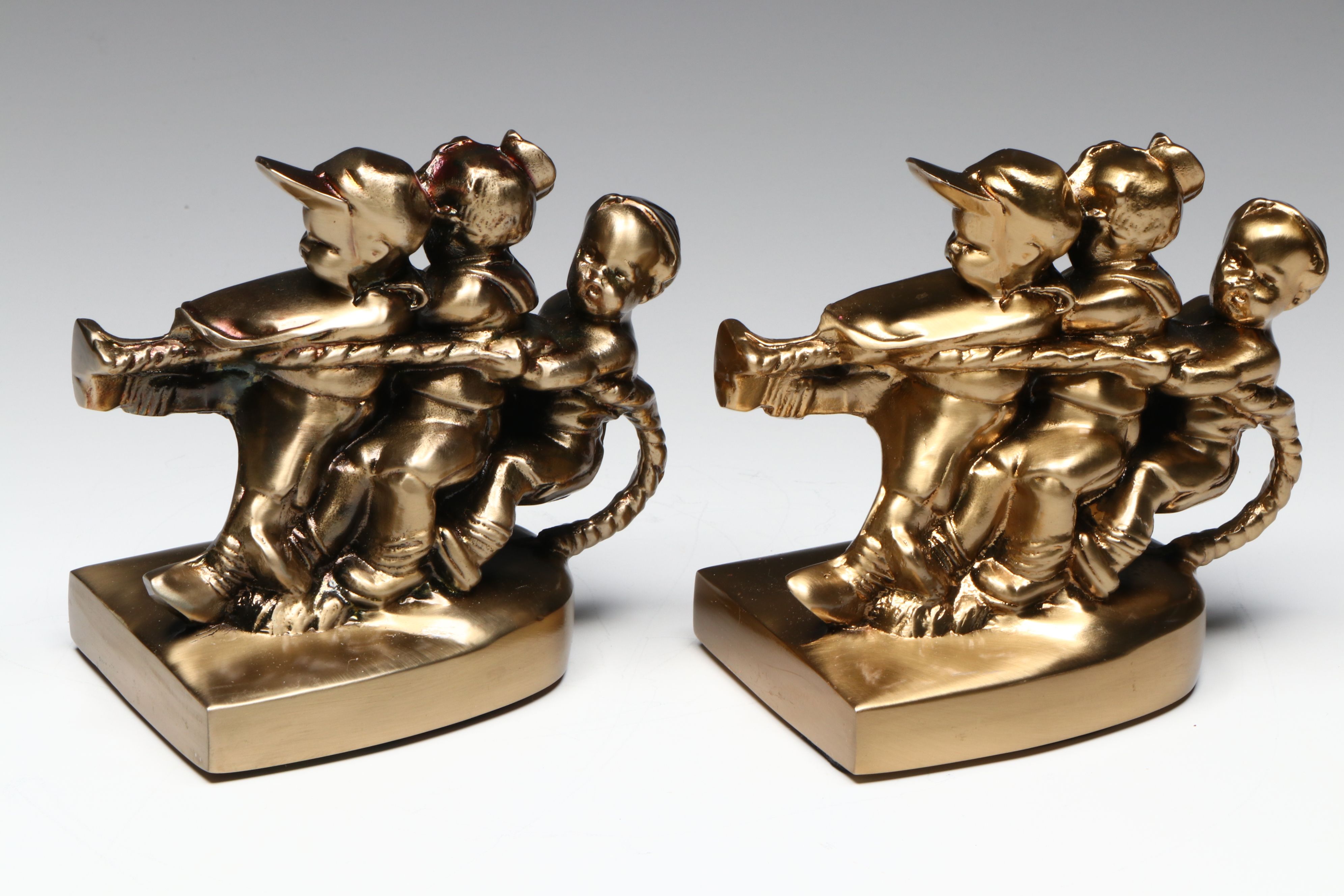 Bronze Medieval Woman Sculpture with Tug of War Pair of Bookends