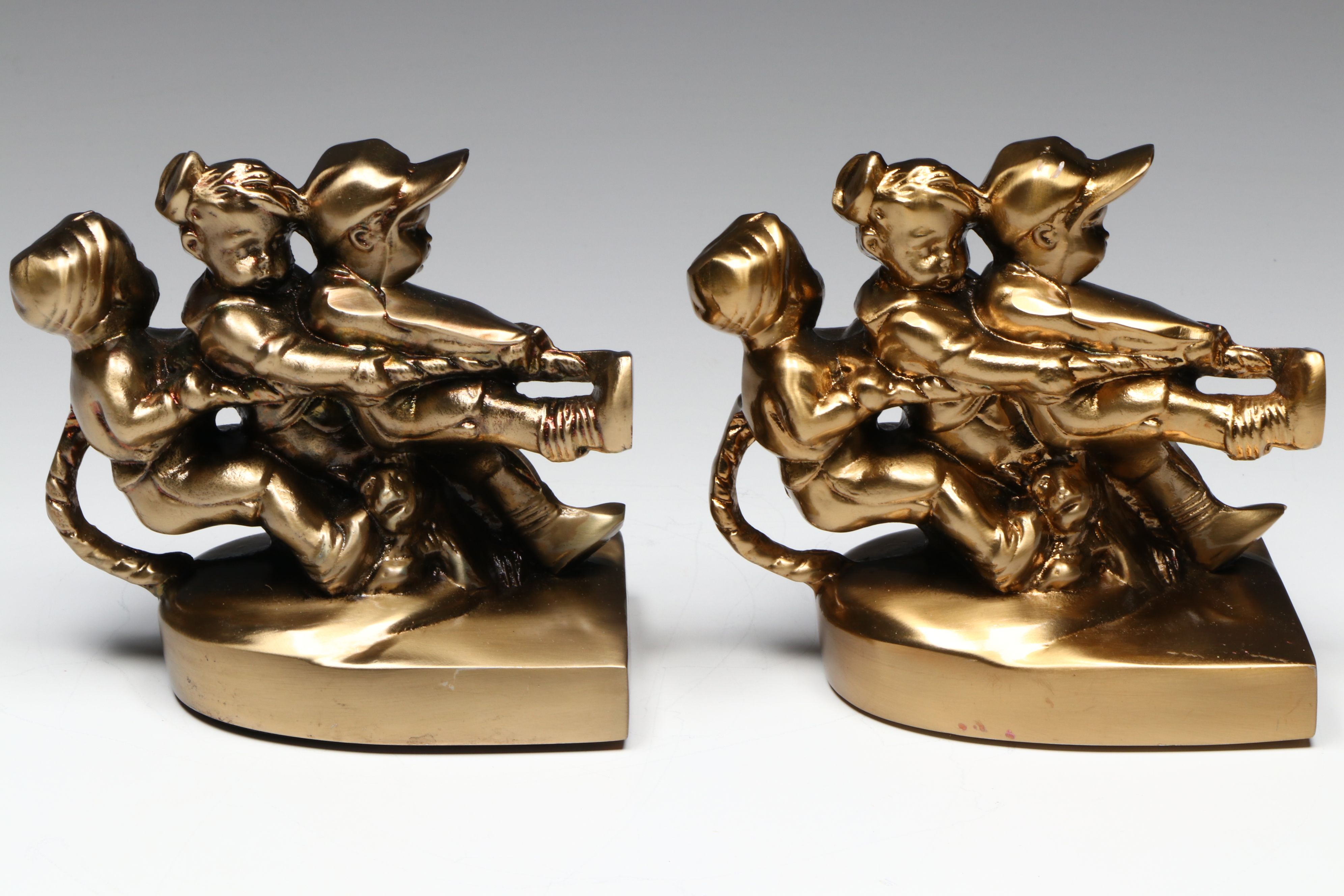 Bronze Medieval Woman Sculpture with Tug of War Pair of Bookends