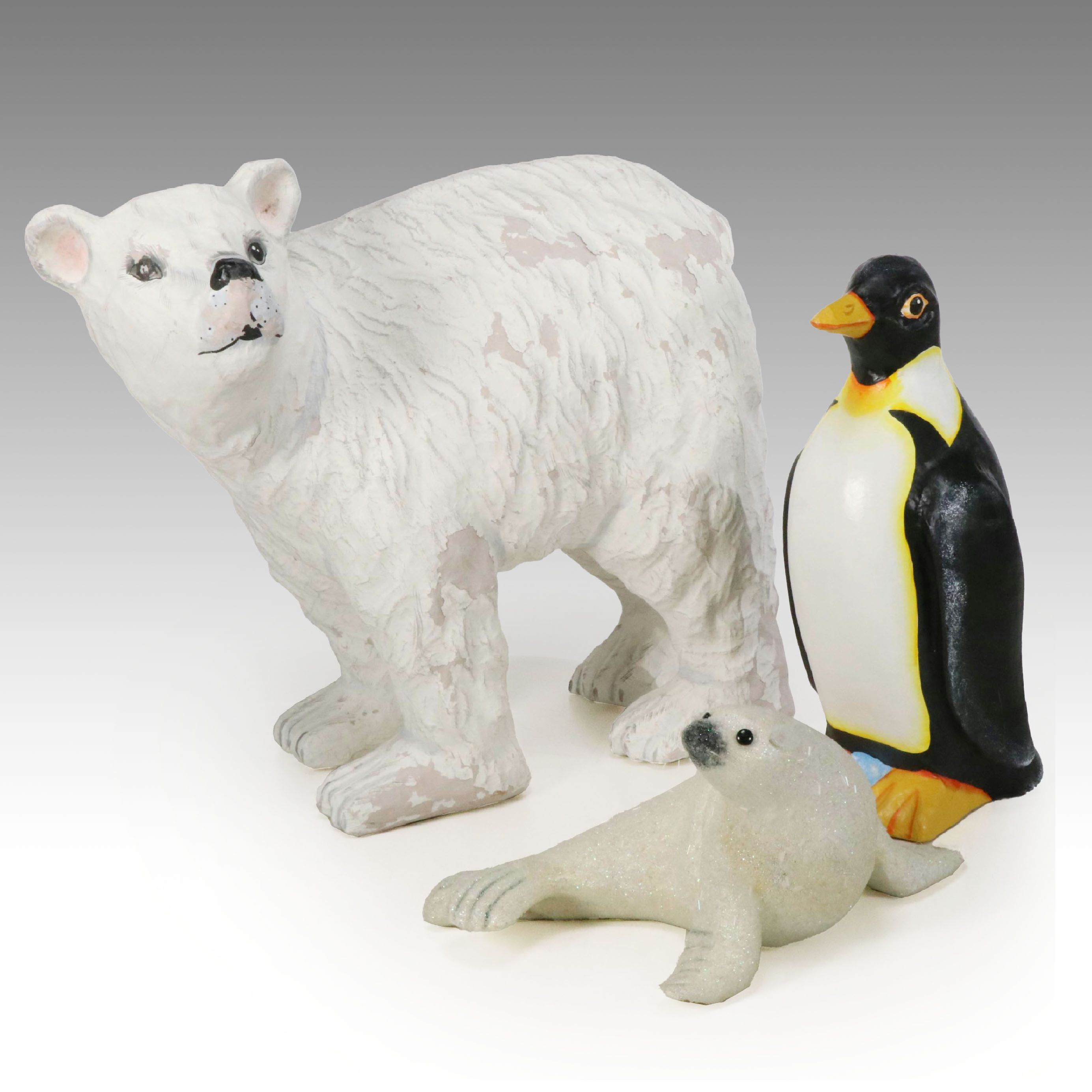 Handcrafted Papier-Mâché Polar Bear with Penguin and Other Textured Seal