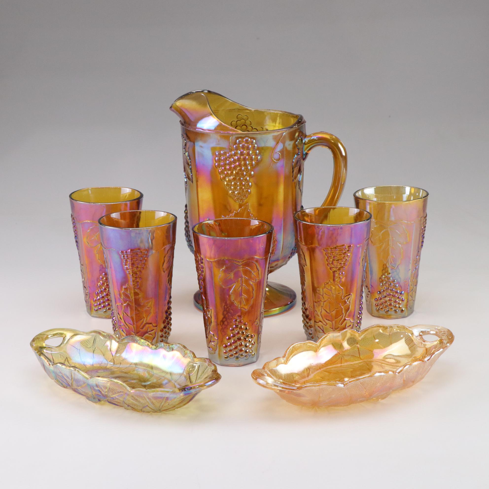 Indiana Glass Grape Carnival Glass Pitcher and Glasses with Two Lotus Bowls