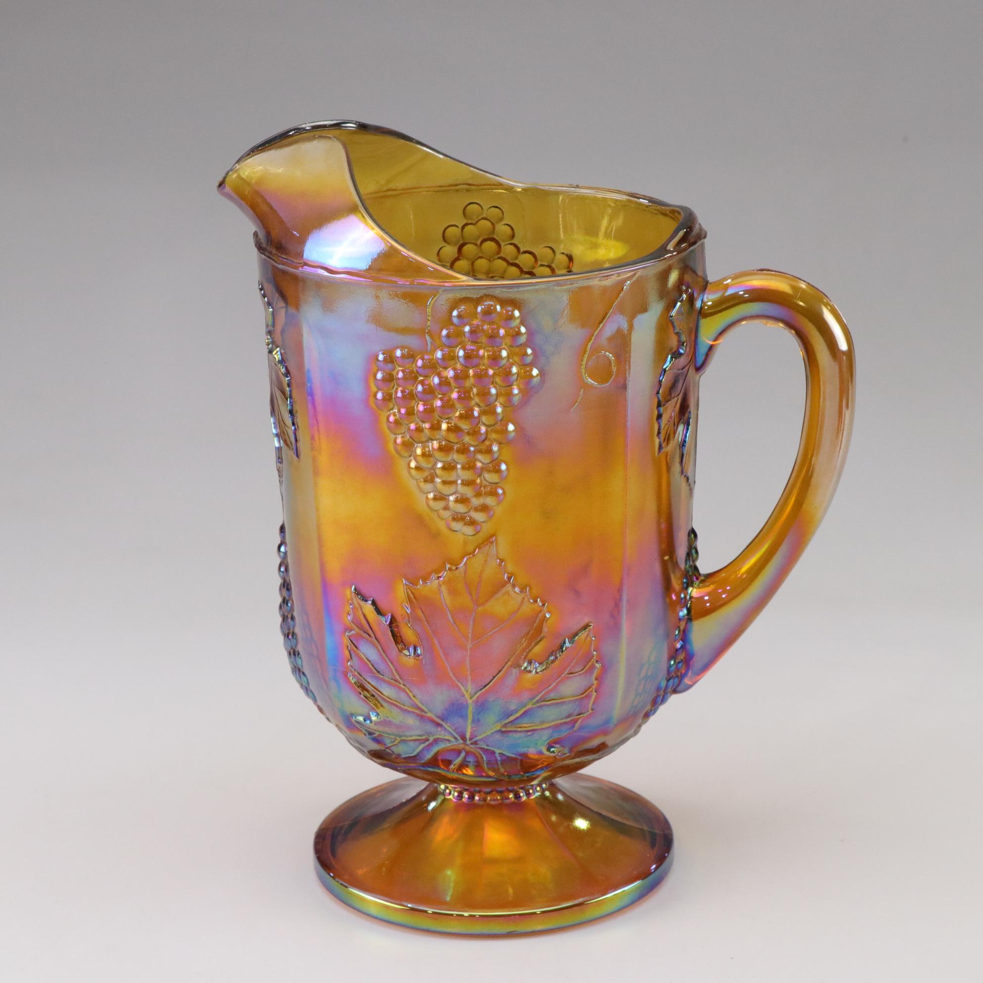 Indiana Glass Grape Carnival Glass Pitcher and Glasses with Two Lotus Bowls