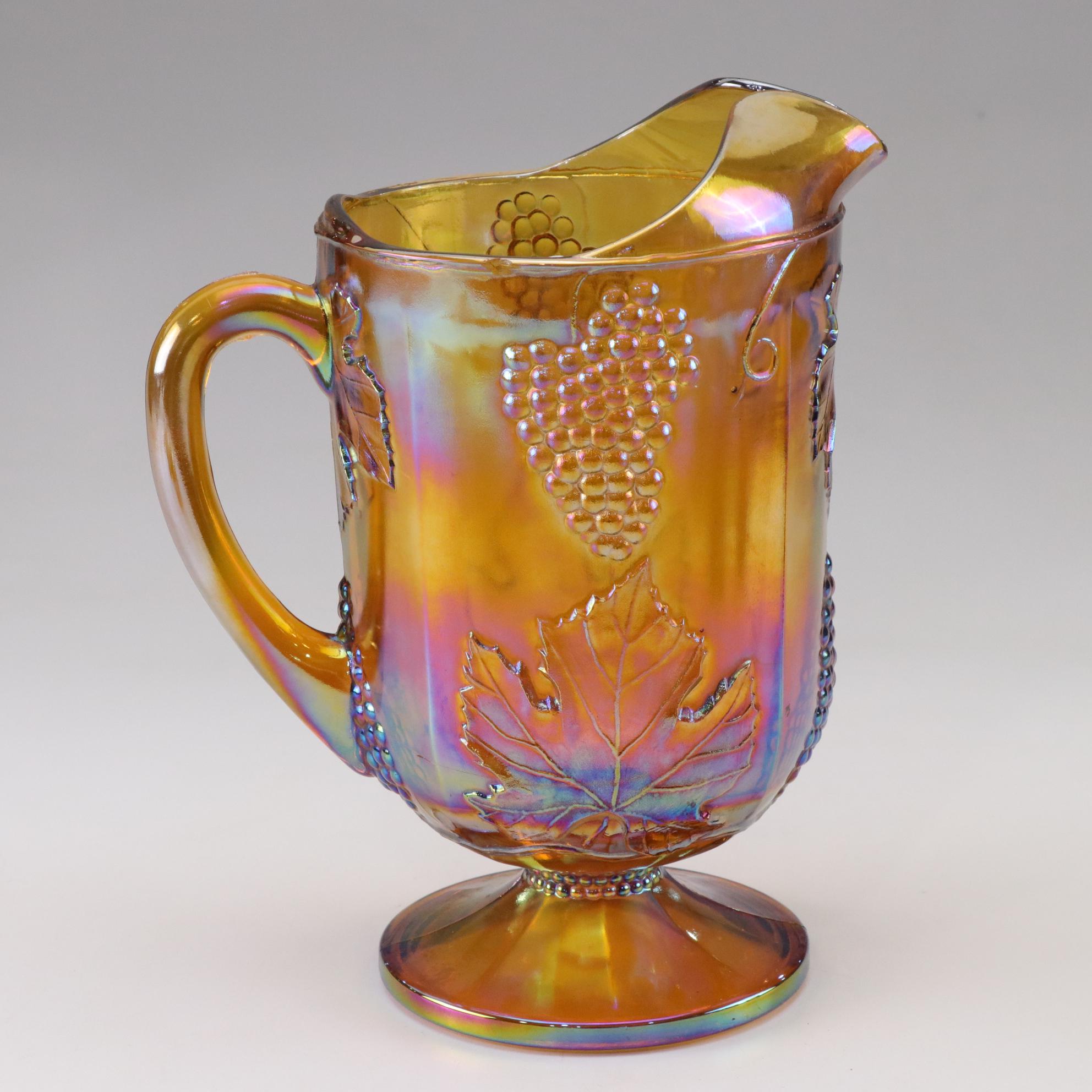 Indiana Glass Grape Carnival Glass Pitcher and Glasses with Two Lotus Bowls