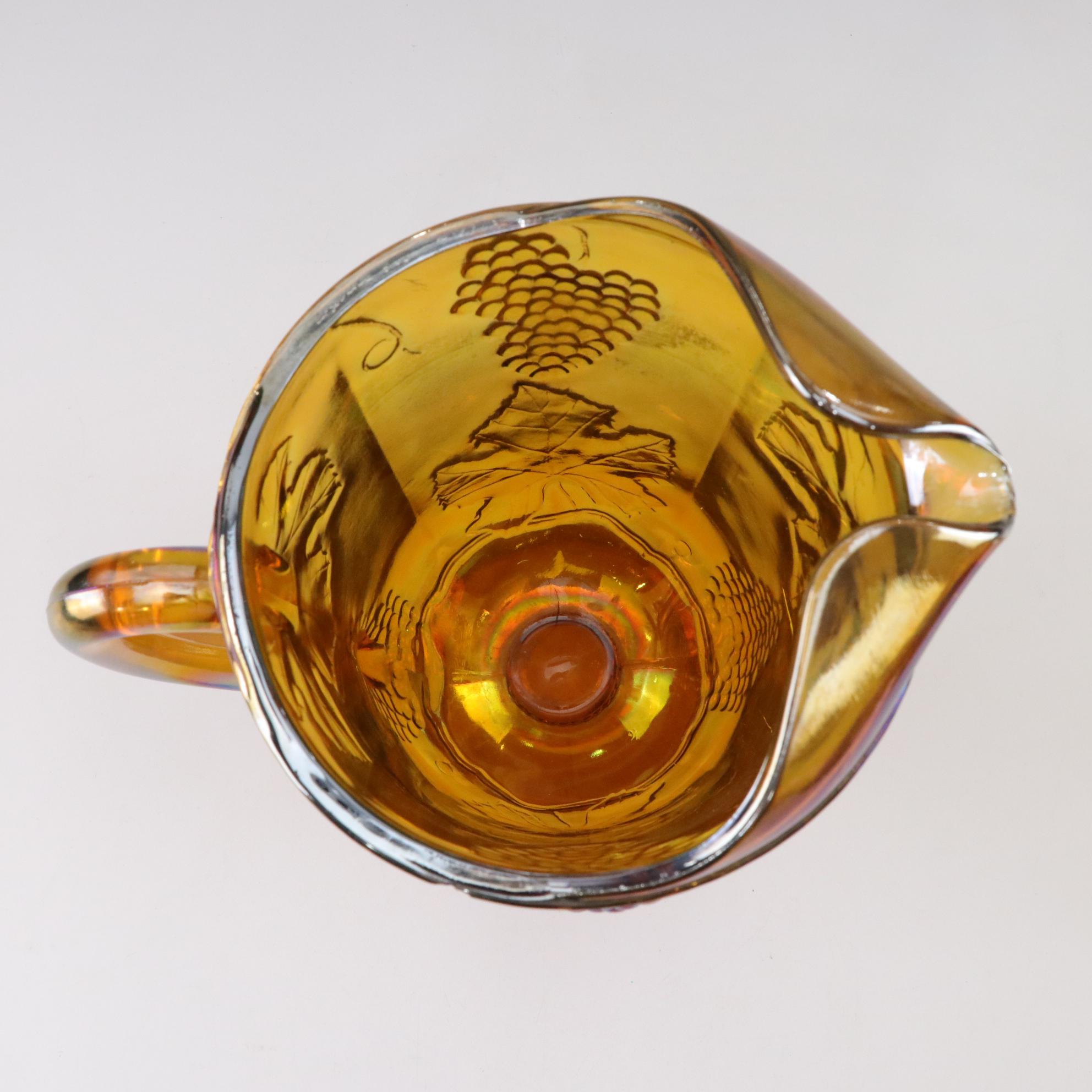 Indiana Glass Grape Carnival Glass Pitcher and Glasses with Two Lotus Bowls