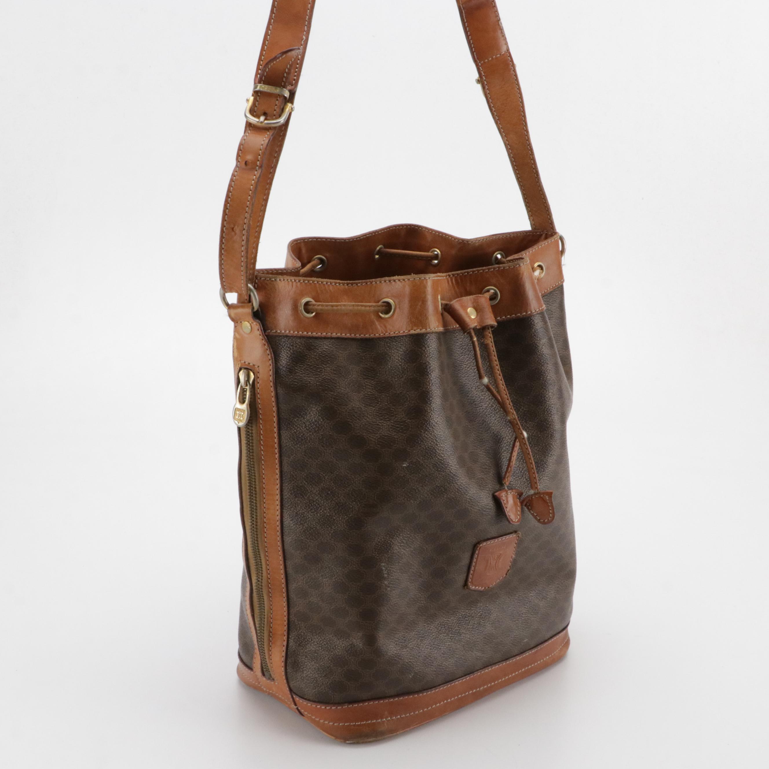 Celine Drawstring Bucket Bag in Macadam Canvas with Leather Trim