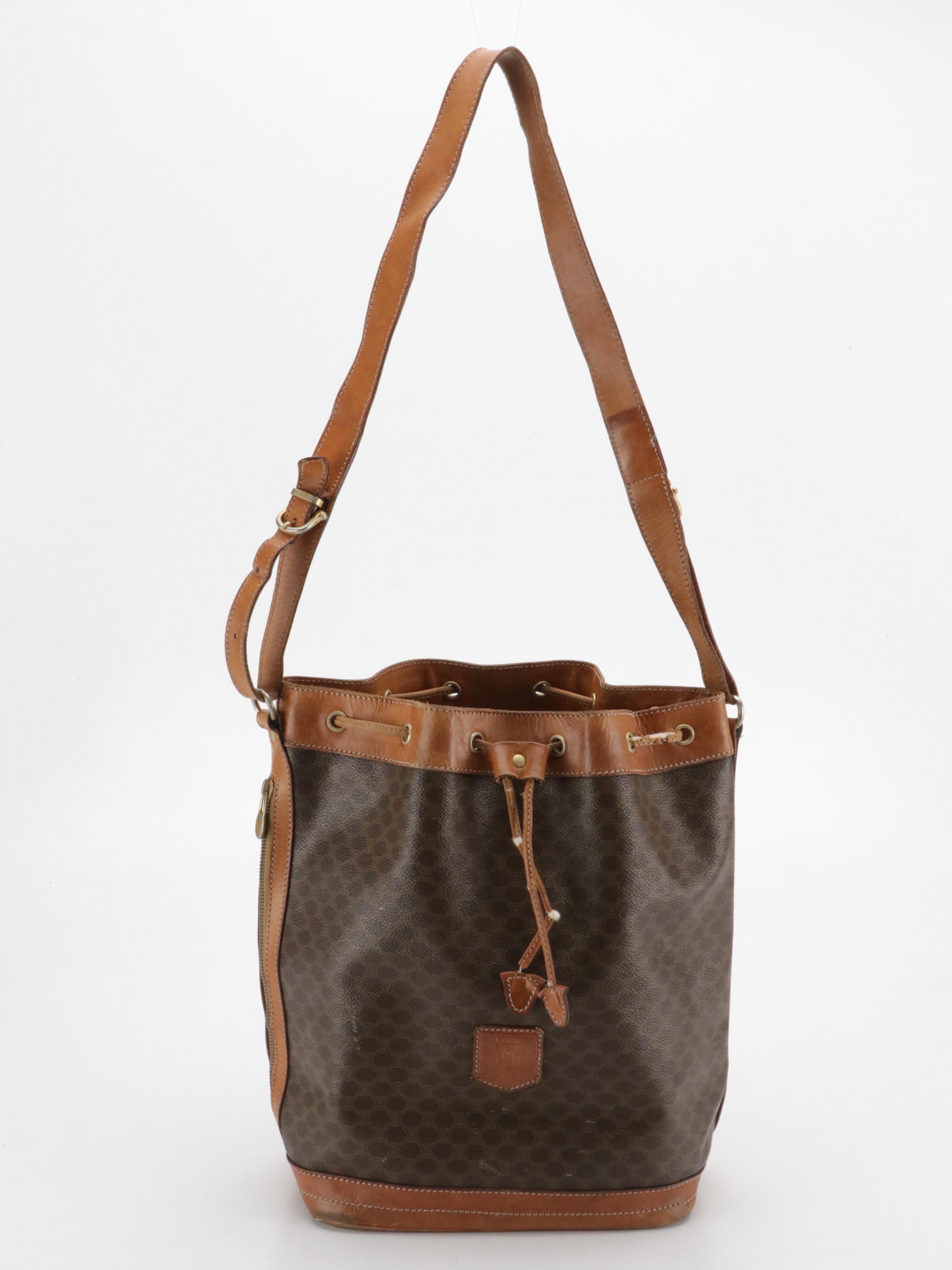 Celine Drawstring Bucket Bag in Macadam Canvas with Leather Trim