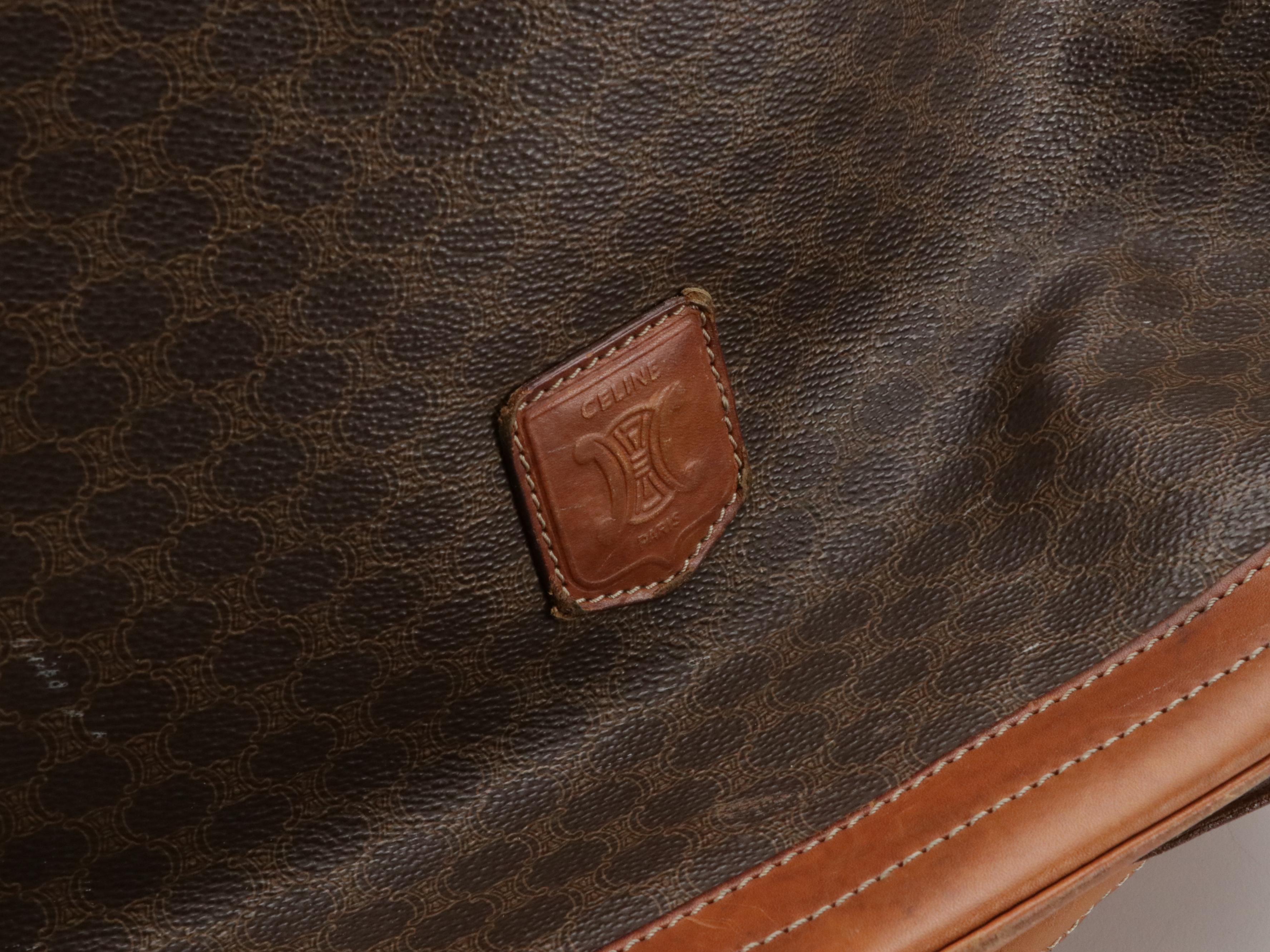 Celine Drawstring Bucket Bag in Macadam Canvas with Leather Trim