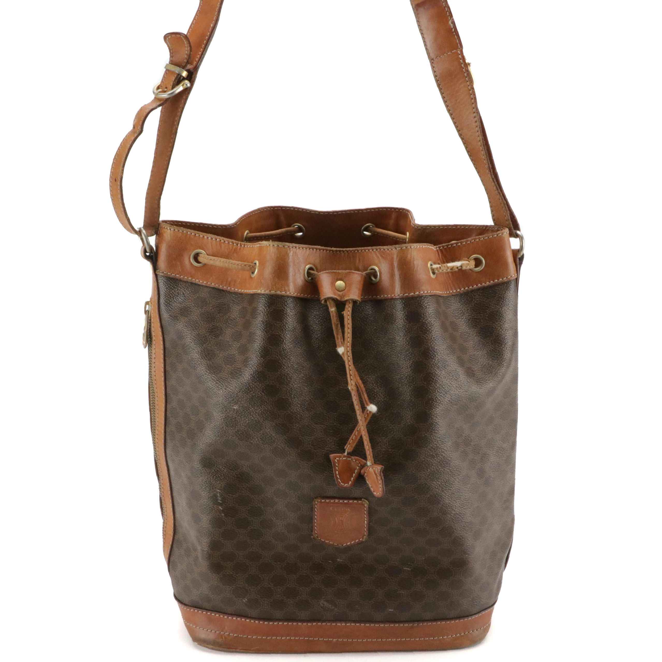 Celine Drawstring Bucket Bag in Macadam Canvas with Leather Trim