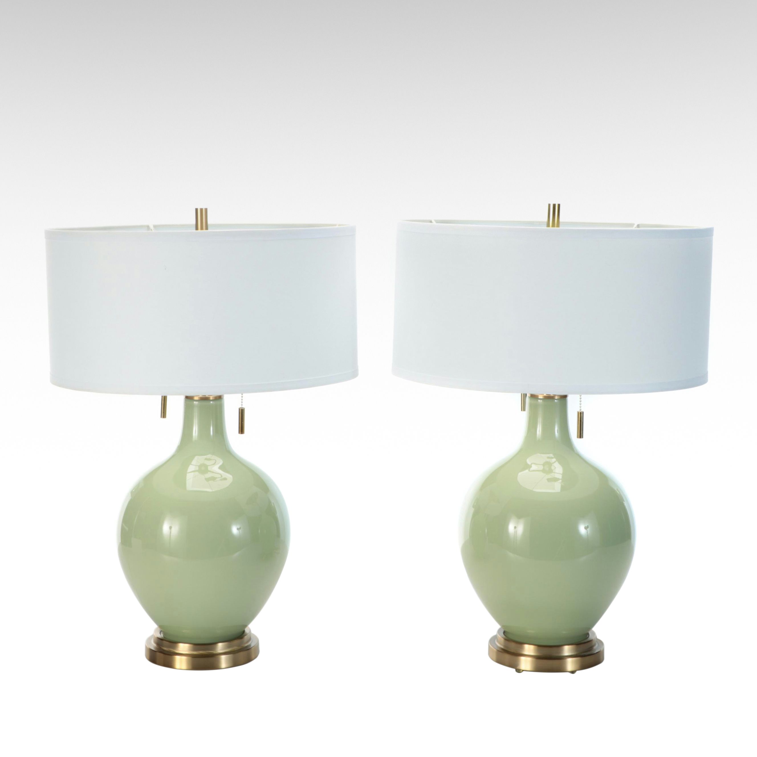 Color+Plus "Toby Majolica Green" Glass Table Lamps with Cotton Drum Shades, 2021
