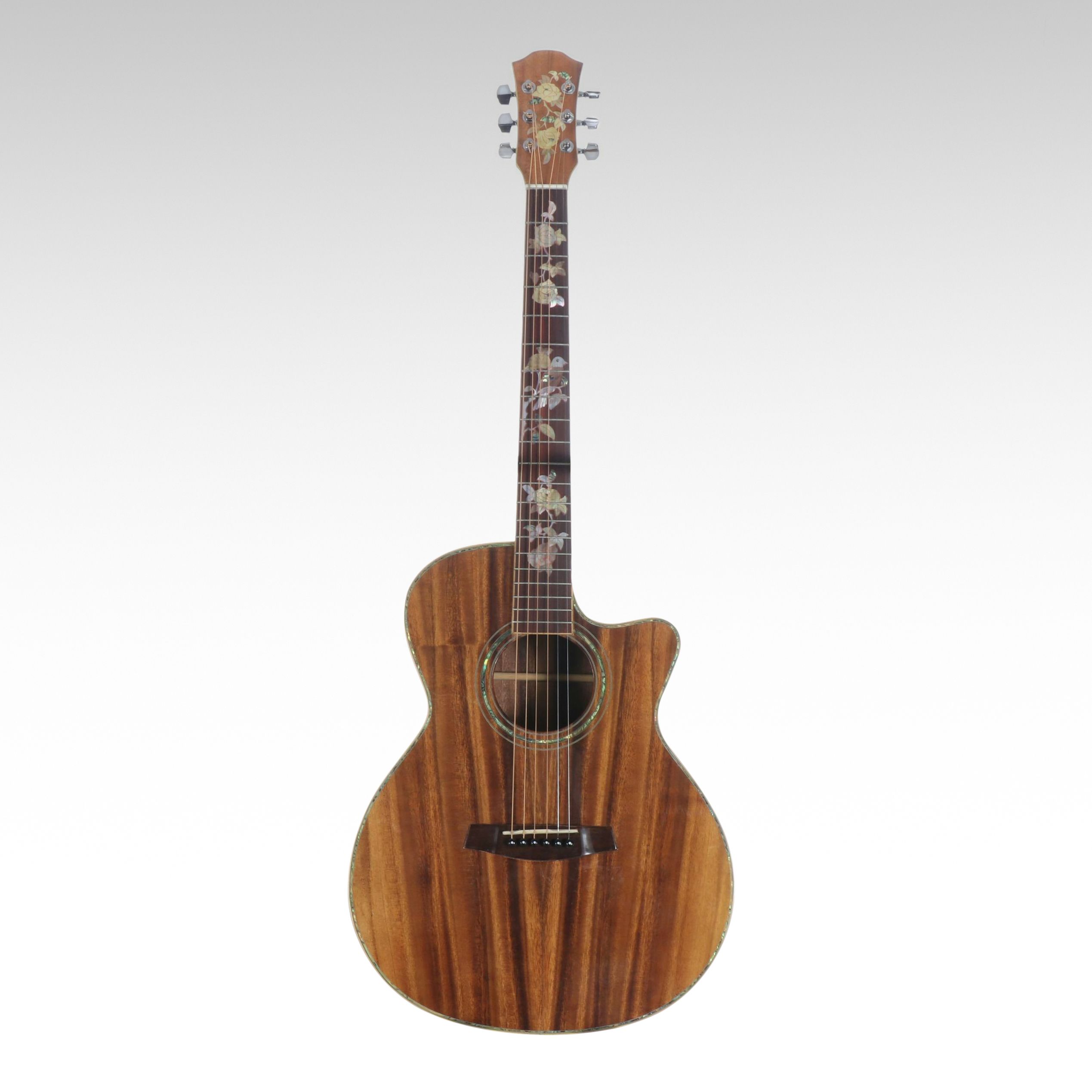 Koa Wood Acoustic Guitar with Abalone Trim and Fretboard Inlay