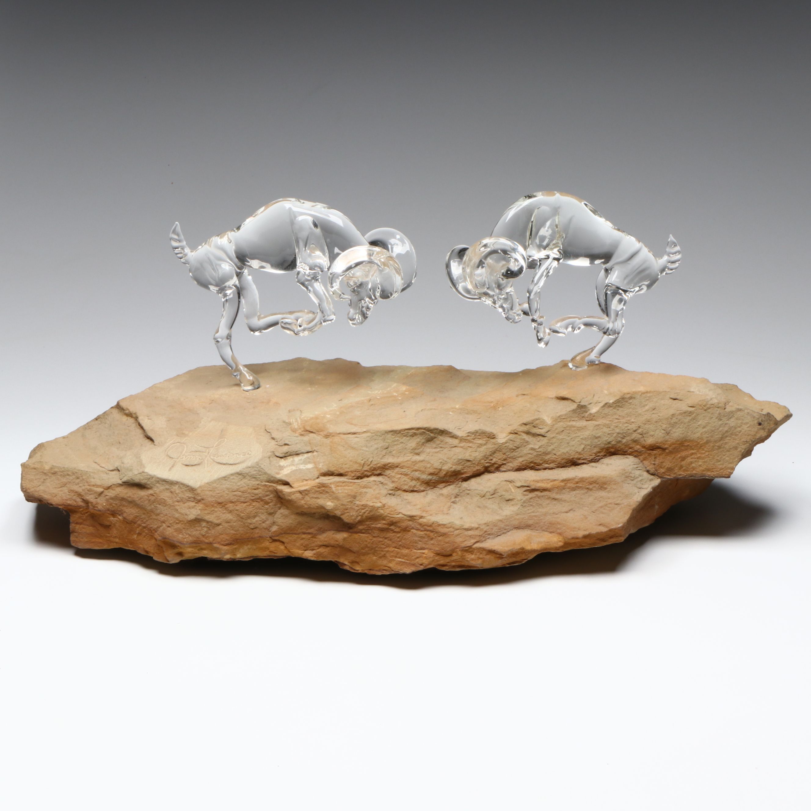 James Lawrence Glass Ram Figural Group with Stone Base