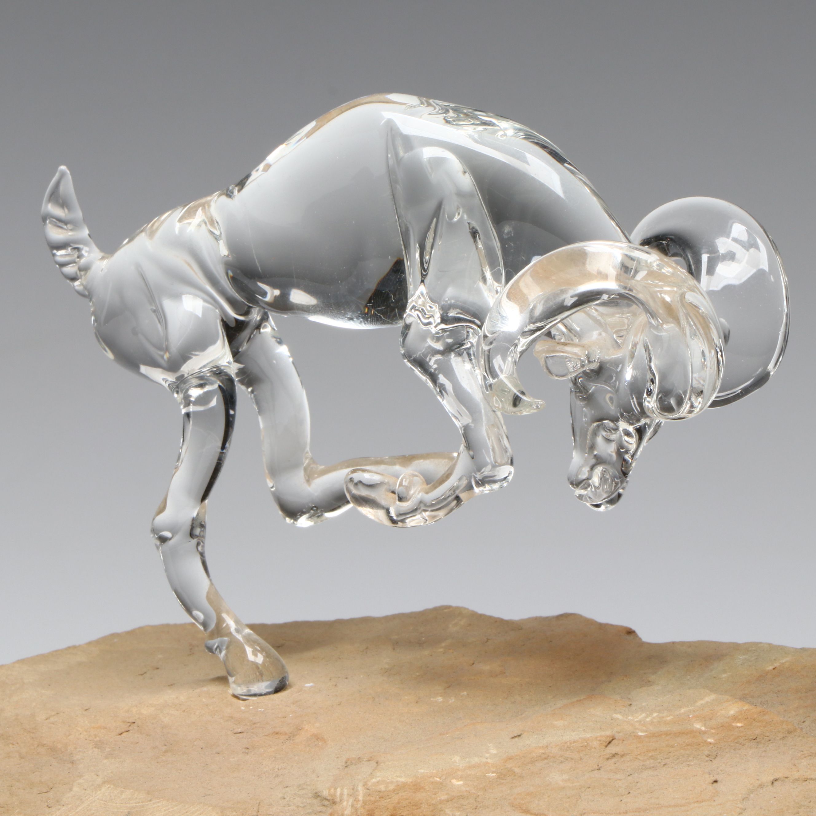 James Lawrence Glass Ram Figural Group with Stone Base