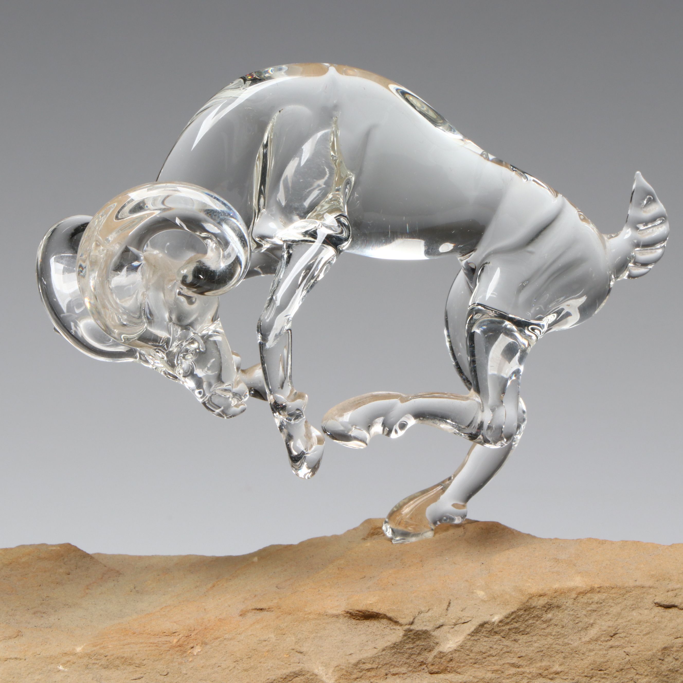 James Lawrence Glass Ram Figural Group with Stone Base
