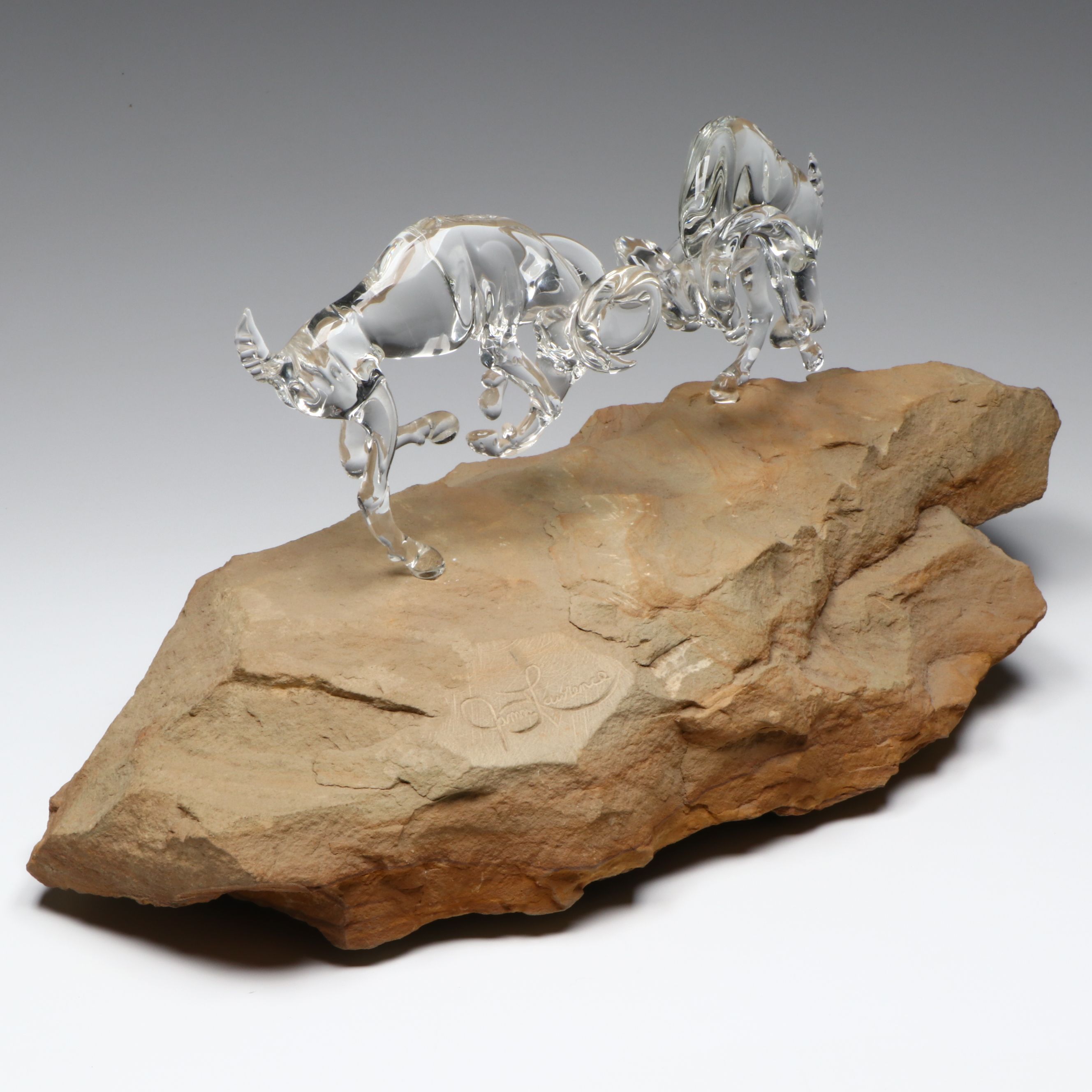 James Lawrence Glass Ram Figural Group with Stone Base