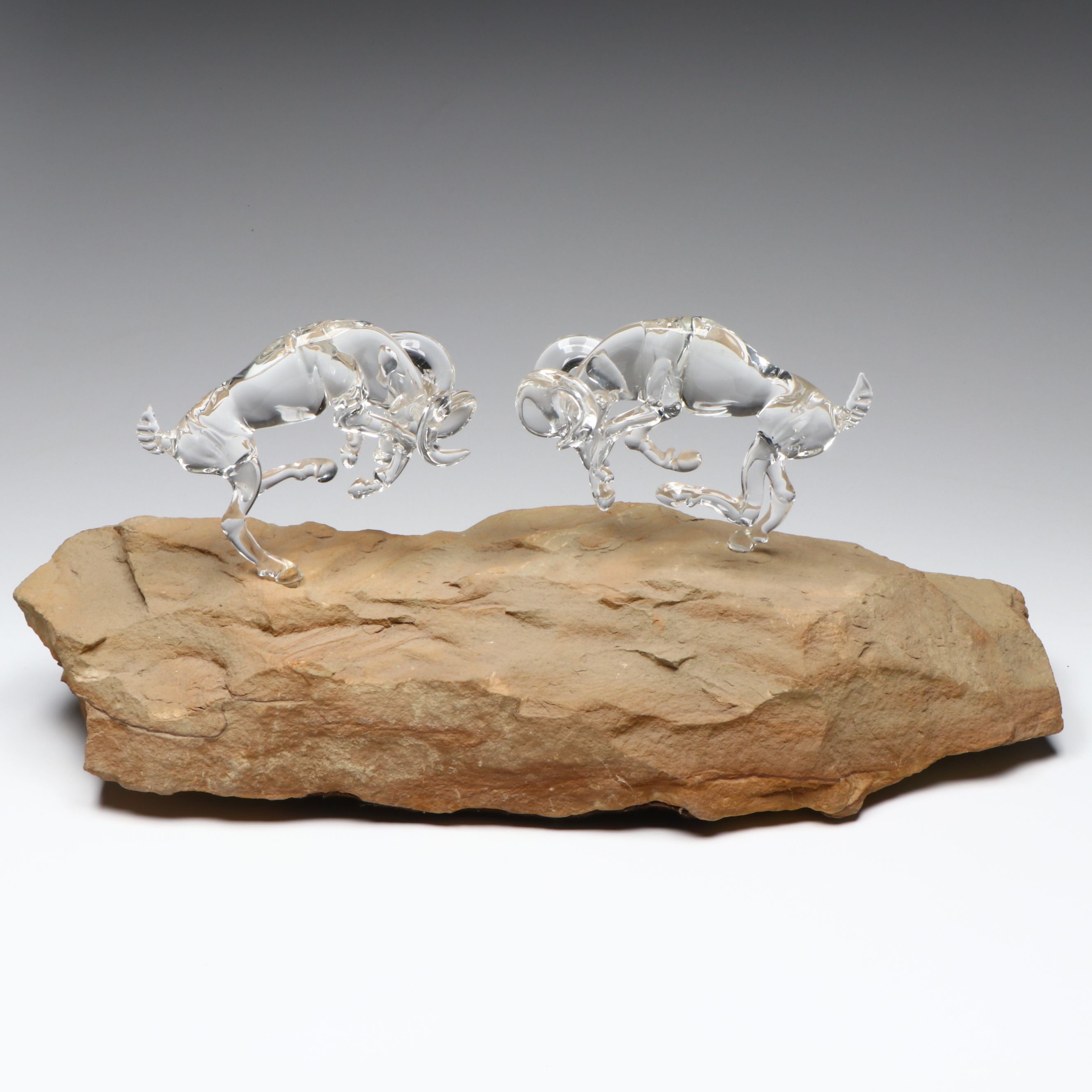 James Lawrence Glass Ram Figural Group with Stone Base