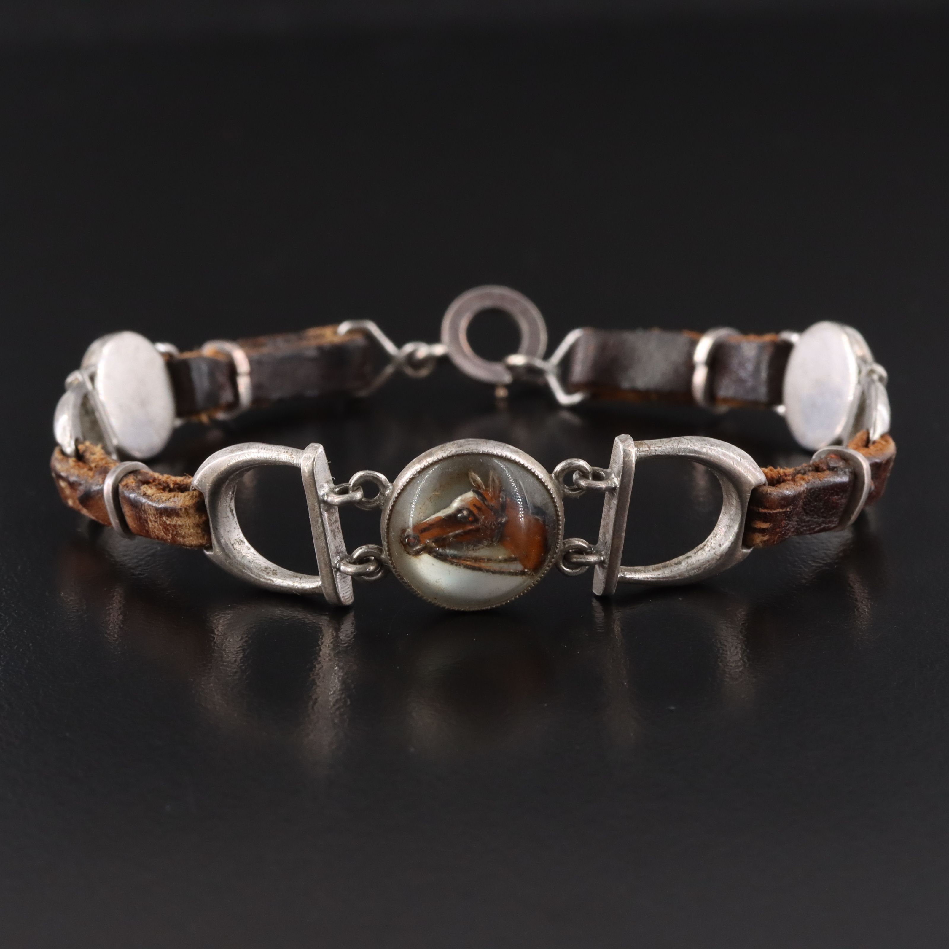 Victorian Reverse Painted Intaglio Equestrian Stirrup Leather Bracelet