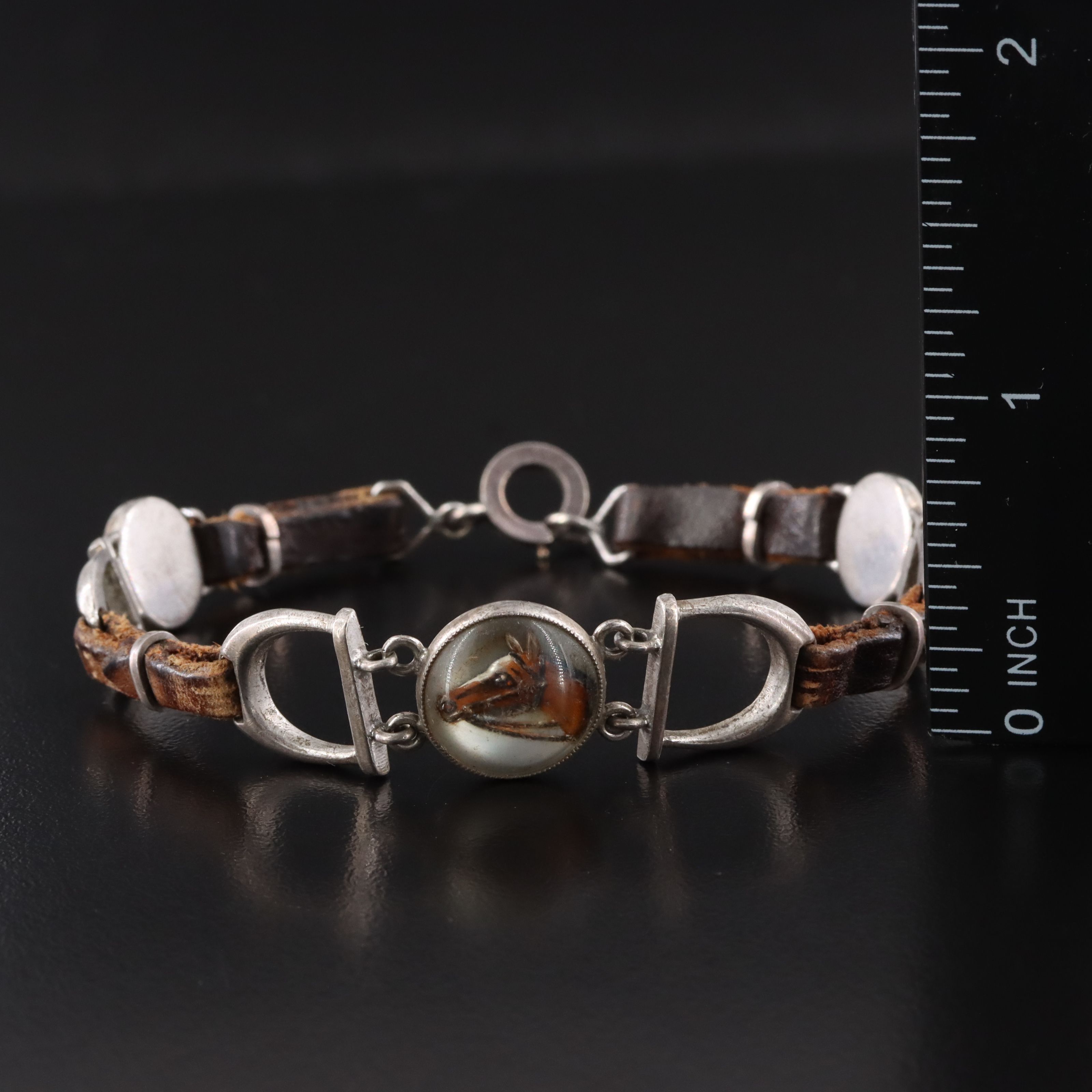 Victorian Reverse Painted Intaglio Equestrian Stirrup Leather Bracelet