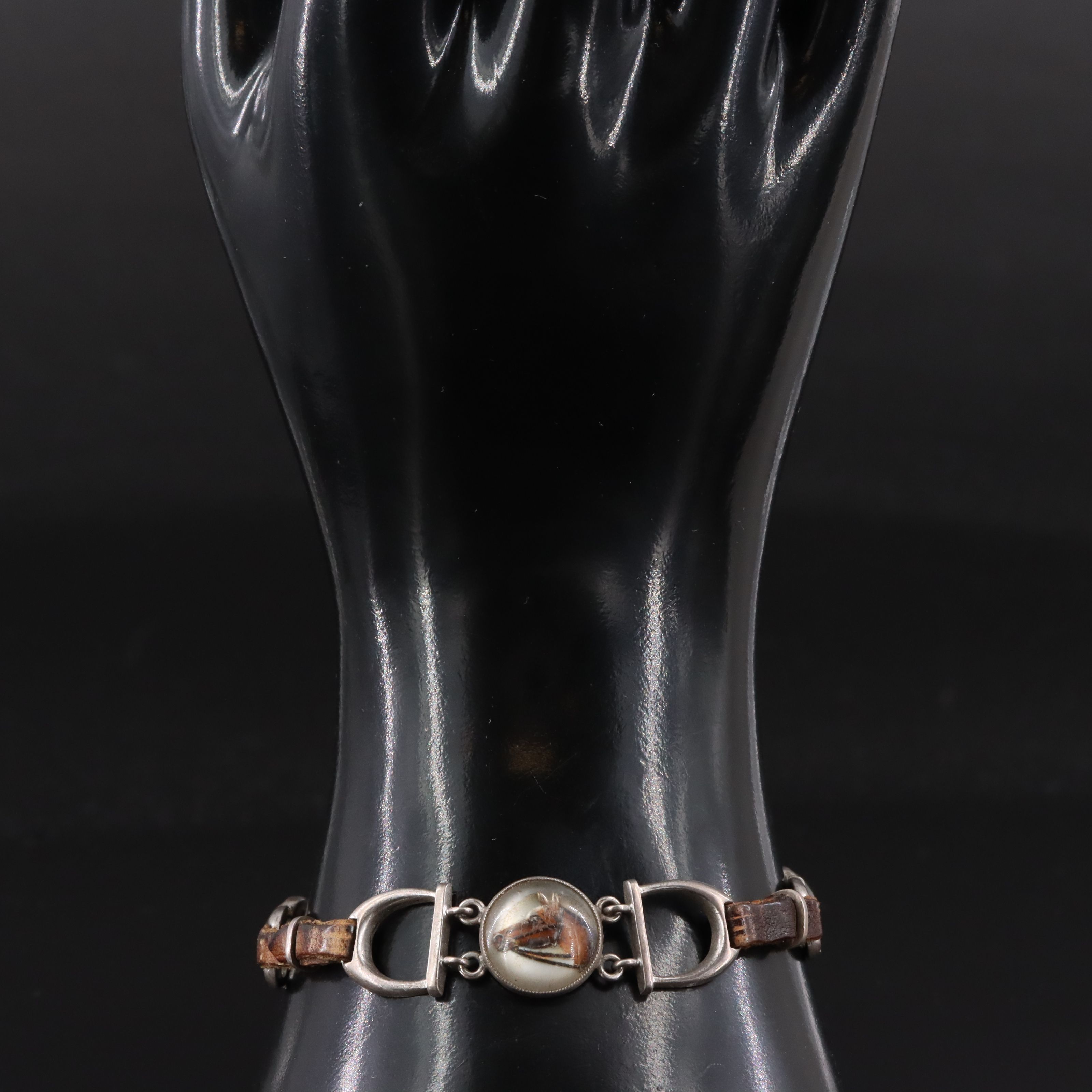 Victorian Reverse Painted Intaglio Equestrian Stirrup Leather Bracelet