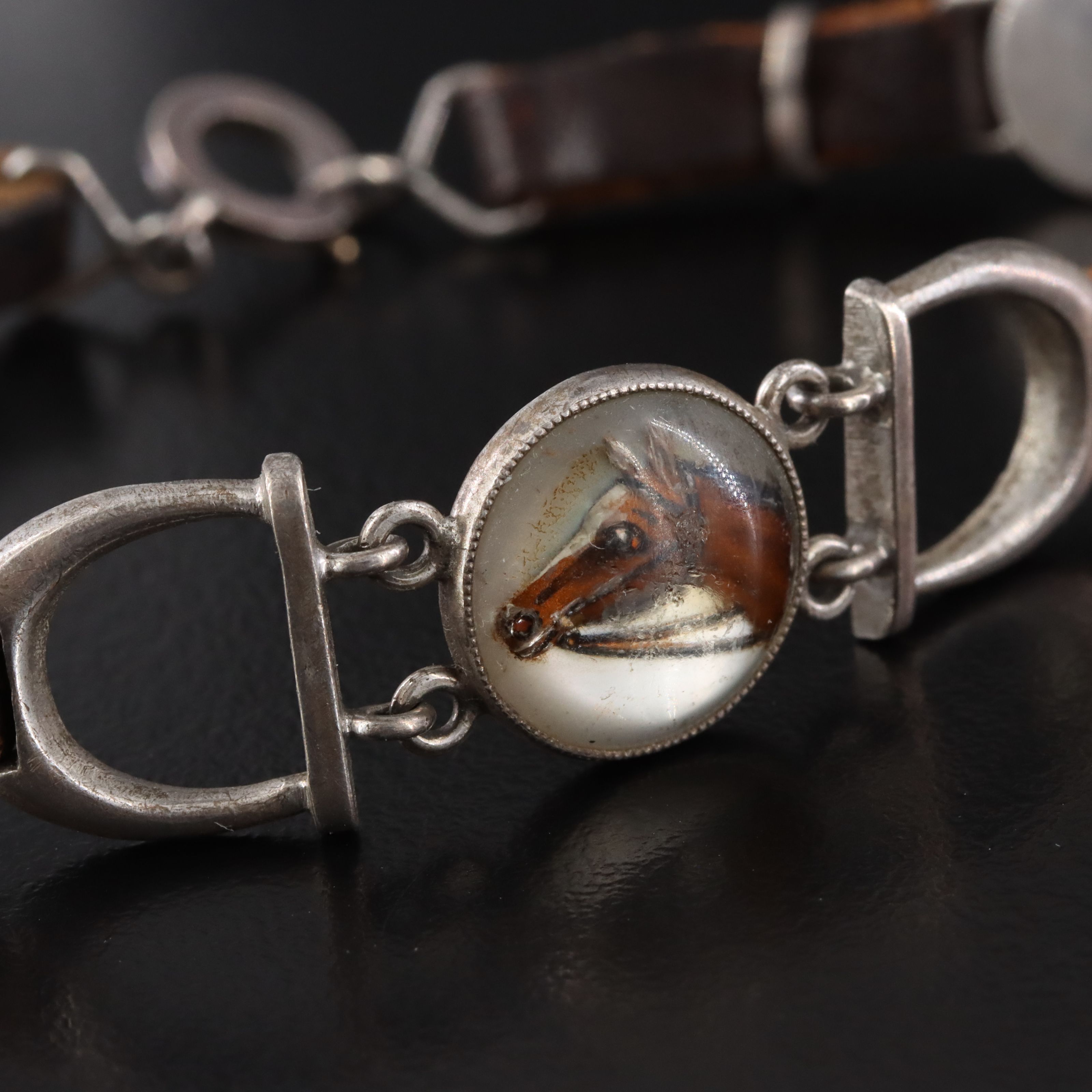 Victorian Reverse Painted Intaglio Equestrian Stirrup Leather Bracelet