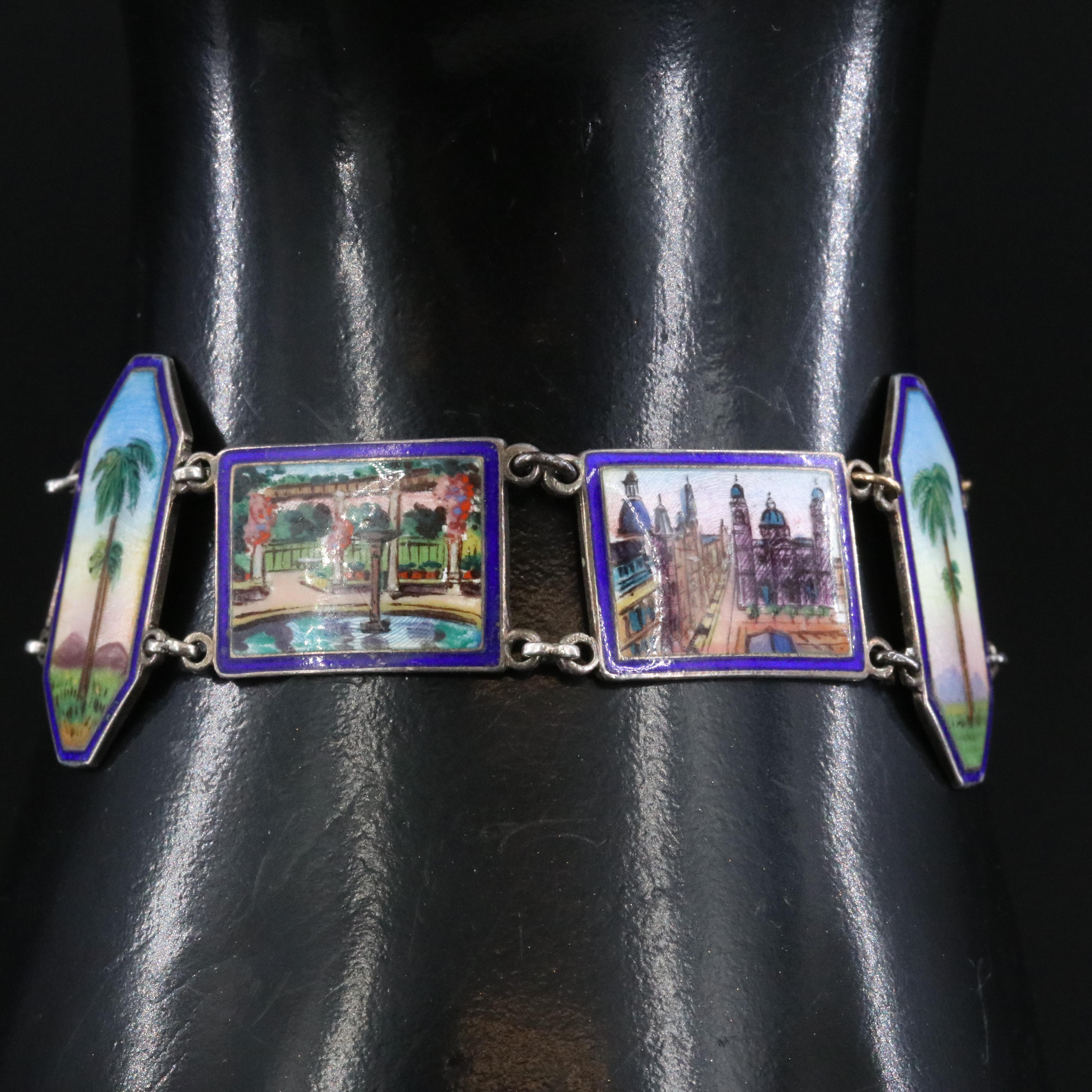Art Deco Sterling Guilloché Enamel Victorian Estate Panel Bracelet