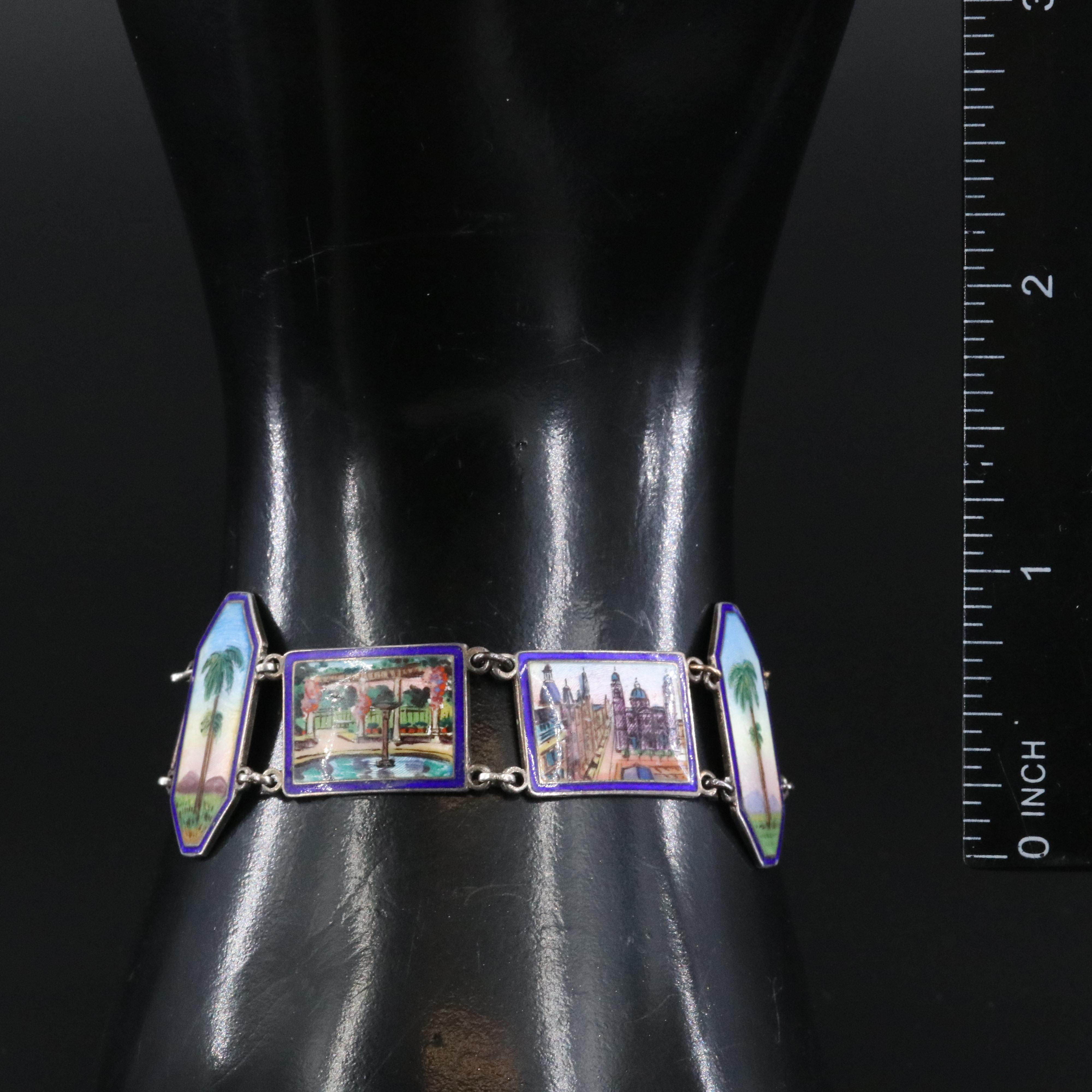 Art Deco Sterling Guilloché Enamel Victorian Estate Panel Bracelet