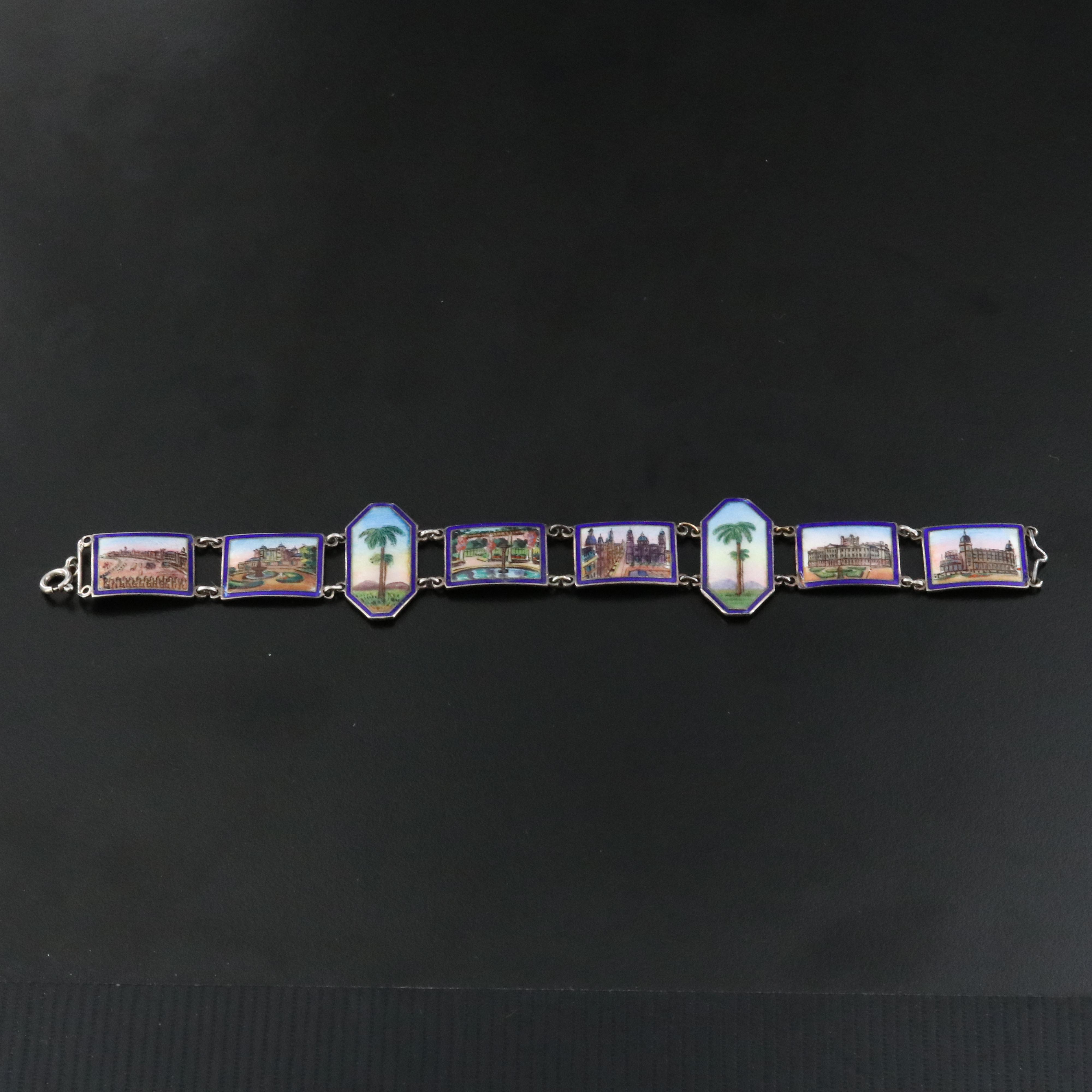 Art Deco Sterling Guilloché Enamel Victorian Estate Panel Bracelet