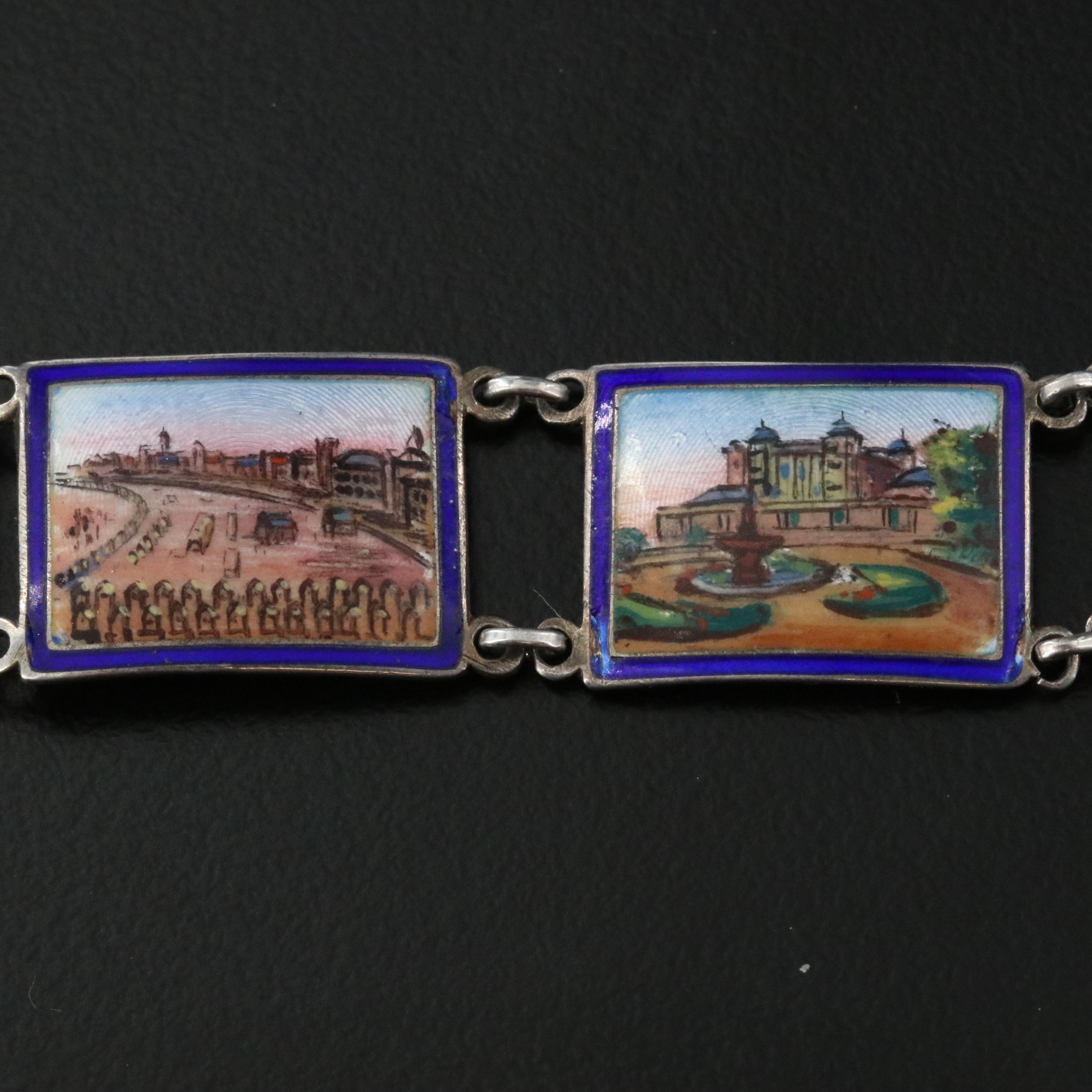 Art Deco Sterling Guilloché Enamel Victorian Estate Panel Bracelet