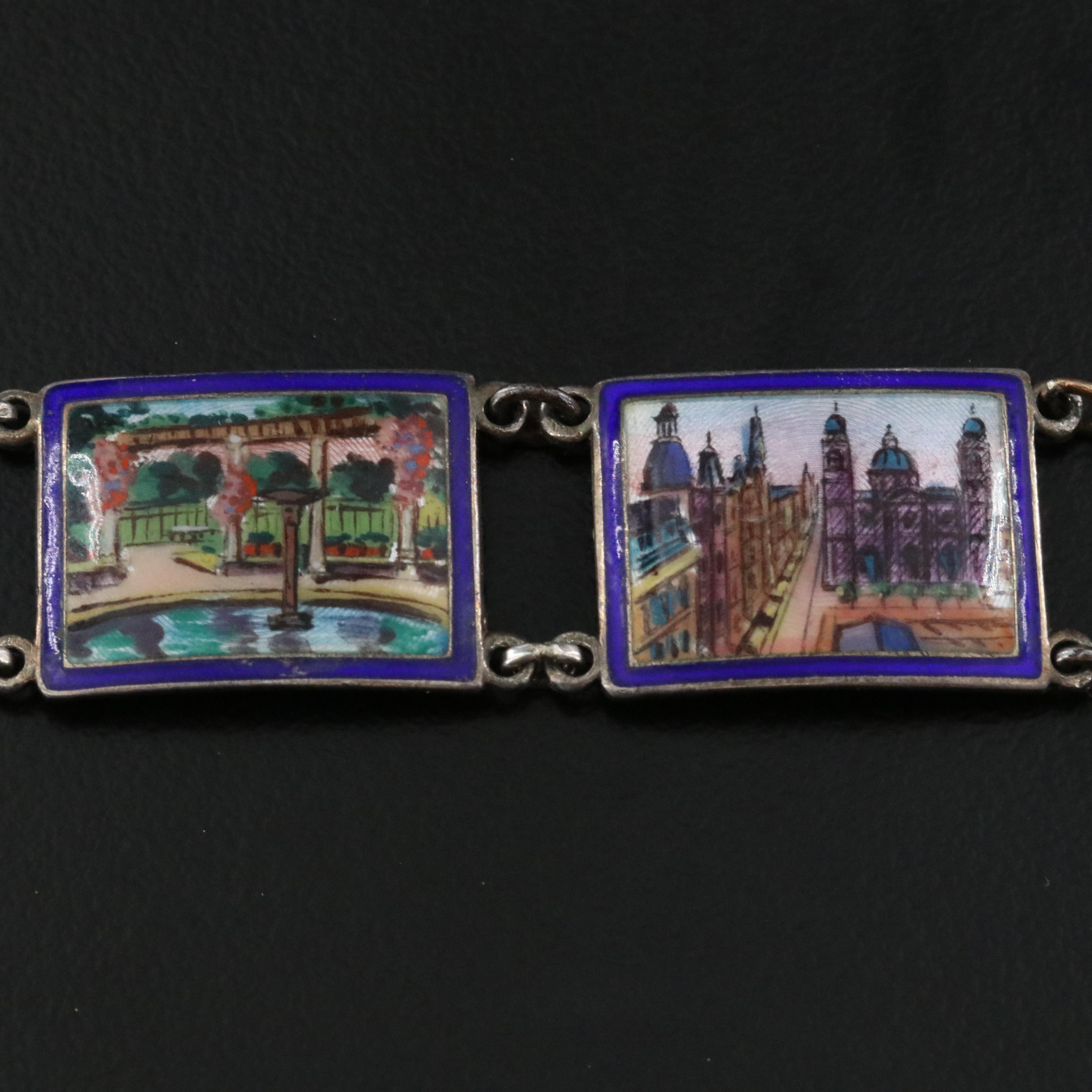 Art Deco Sterling Guilloché Enamel Victorian Estate Panel Bracelet