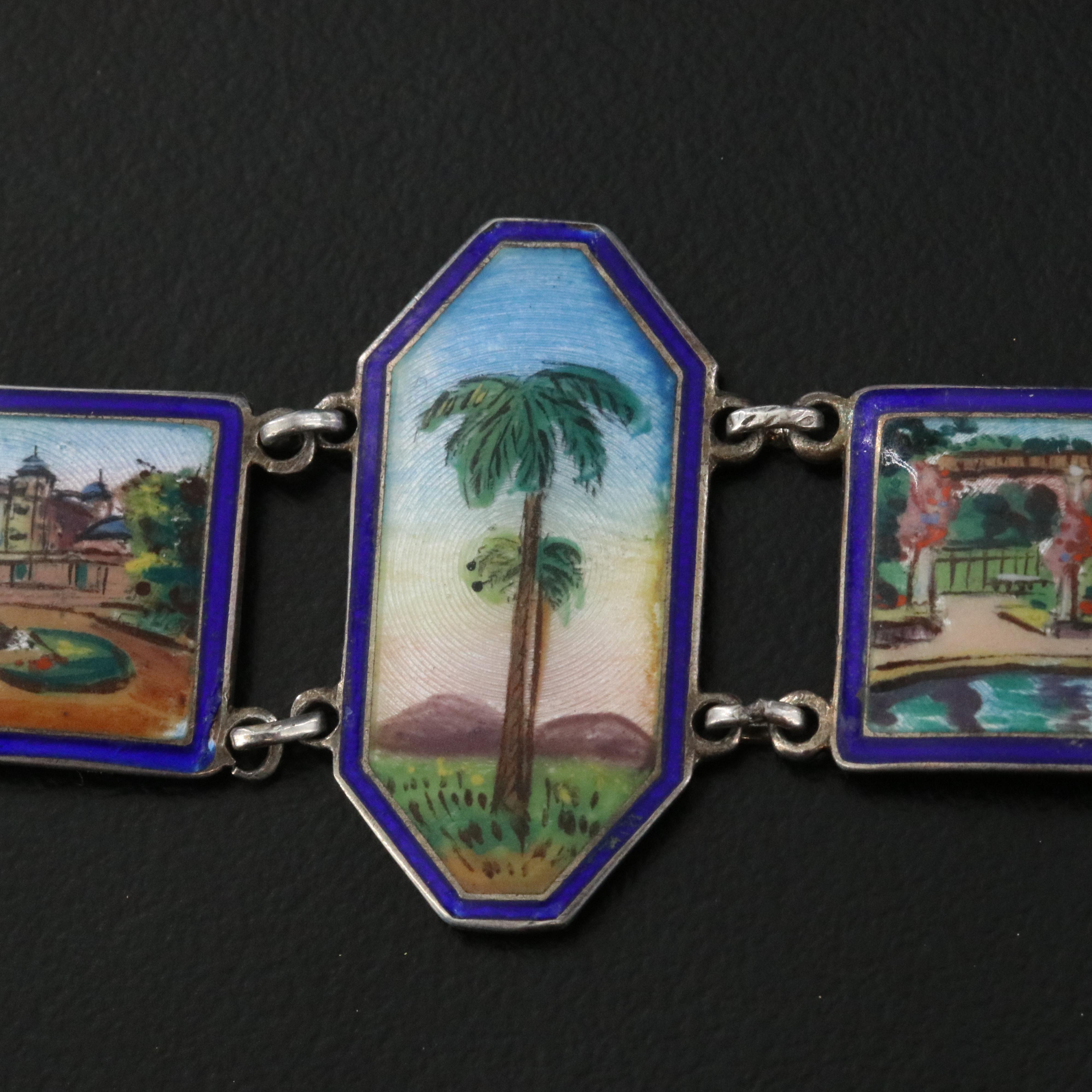 Art Deco Sterling Guilloché Enamel Victorian Estate Panel Bracelet