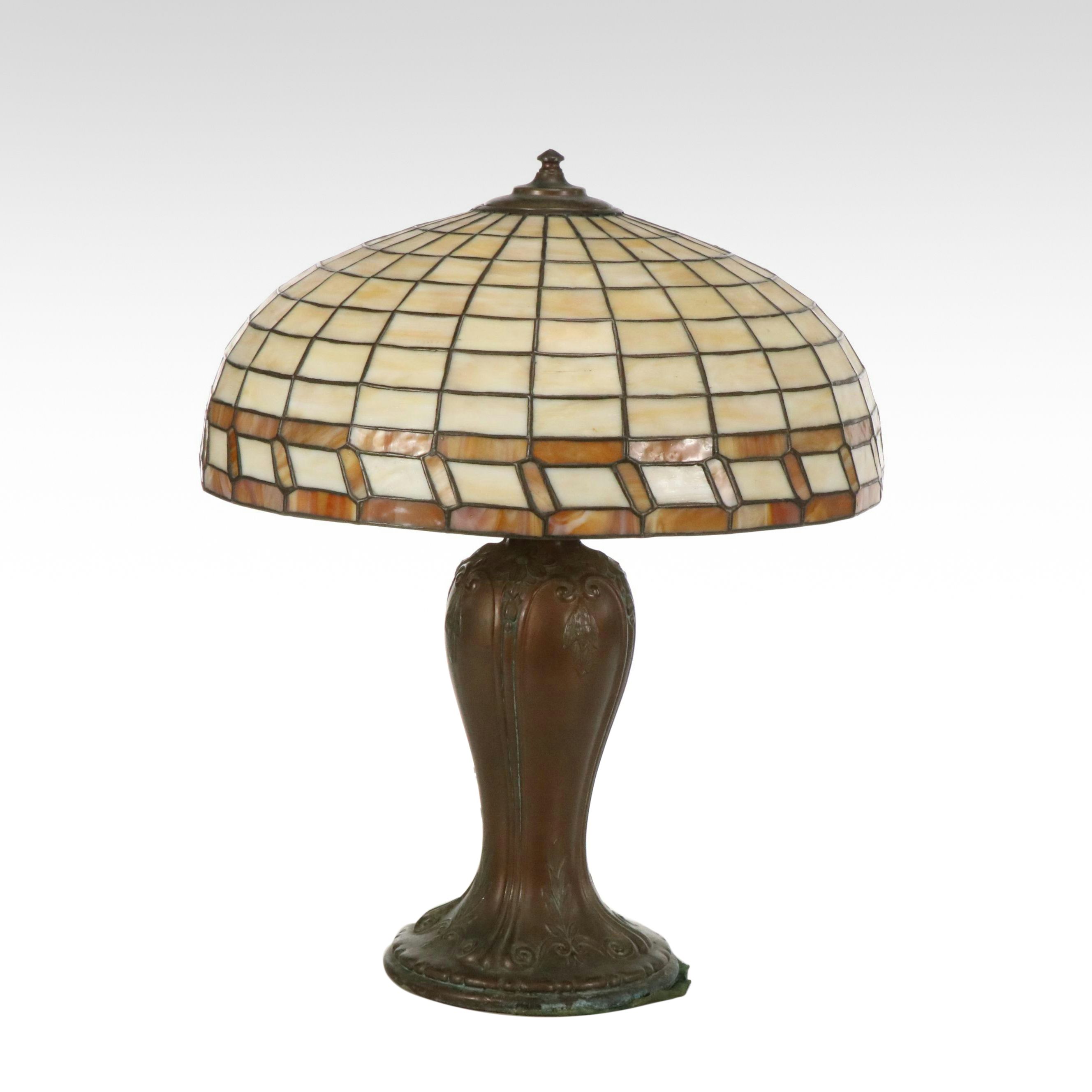 Art Deco Style Patinated Brass Table Lamp with Slag Glass Shade