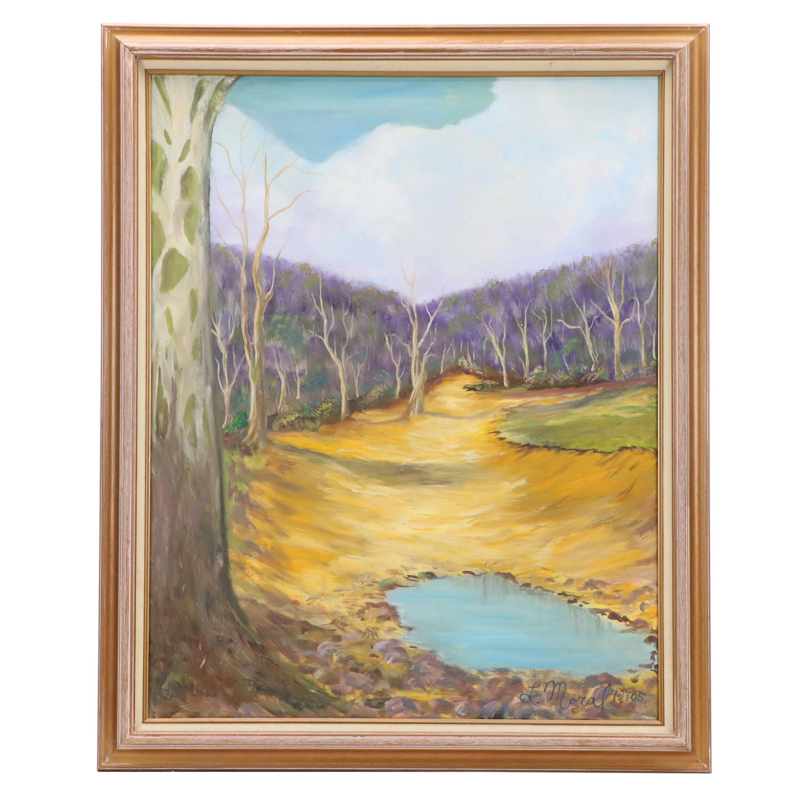 L. Moral Oil Painting of Woodland Landscape with Puddle, 2005