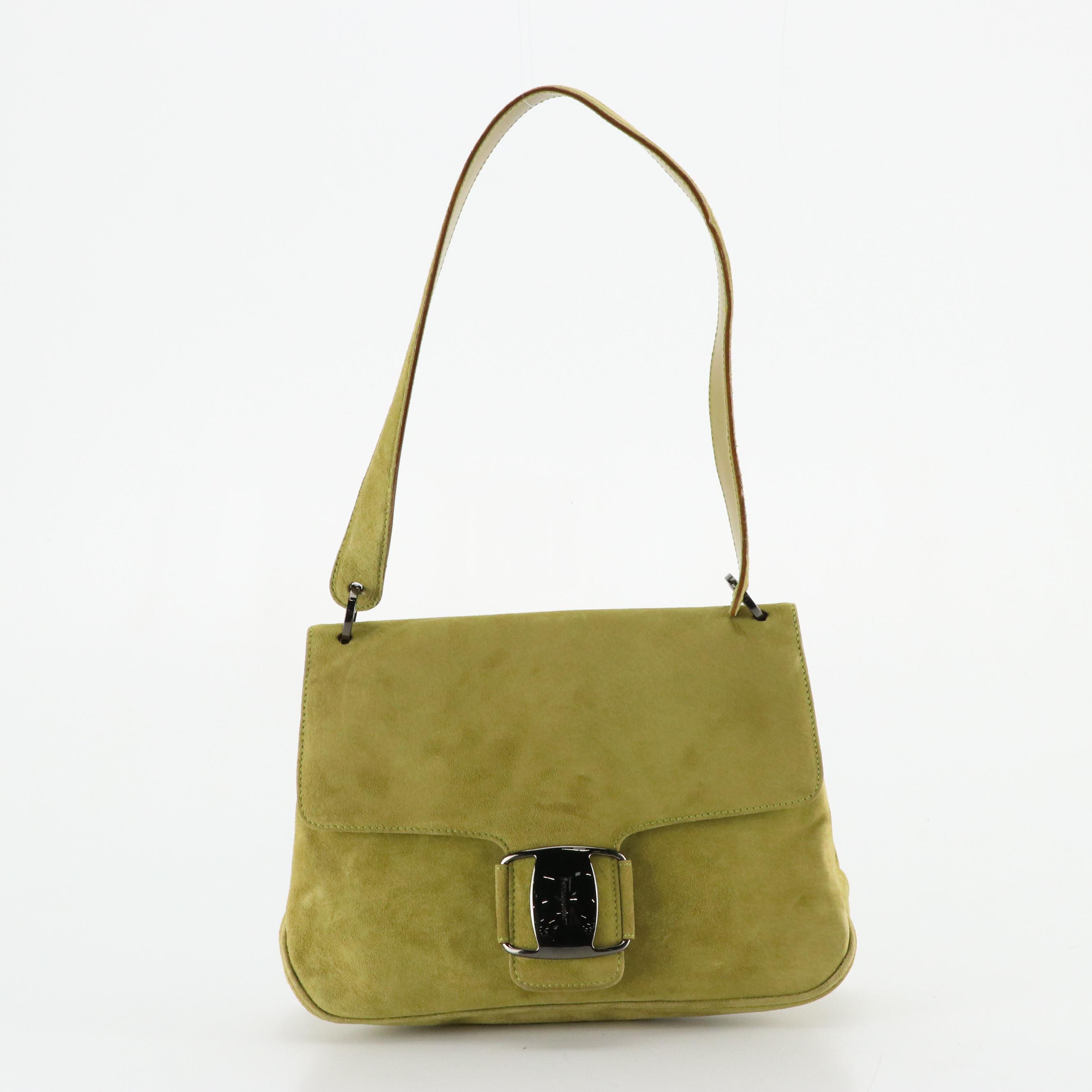 Salvatore Ferragamo Vara Shoulder Bag in Yellow/Green Suede