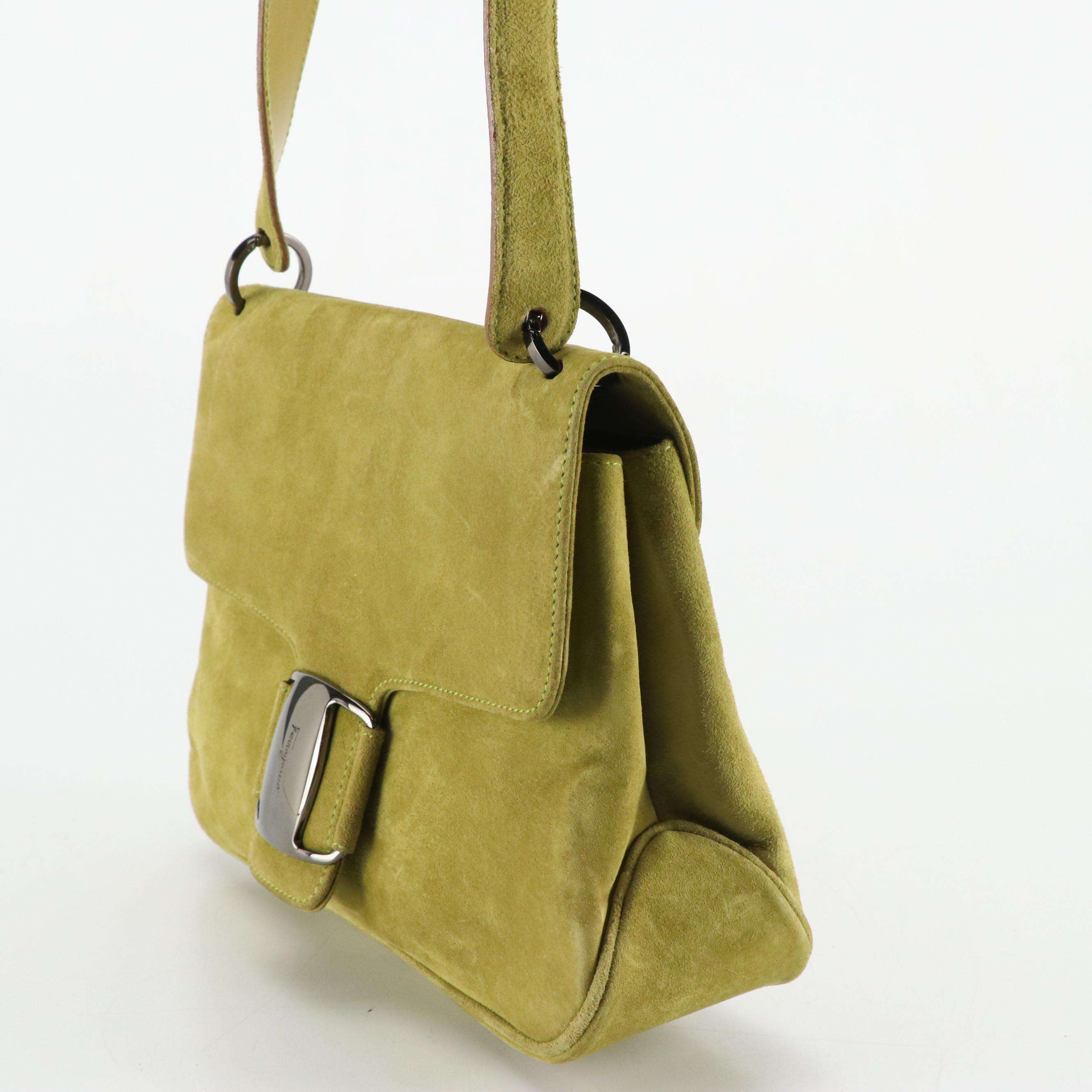 Salvatore Ferragamo Vara Shoulder Bag in Yellow/Green Suede